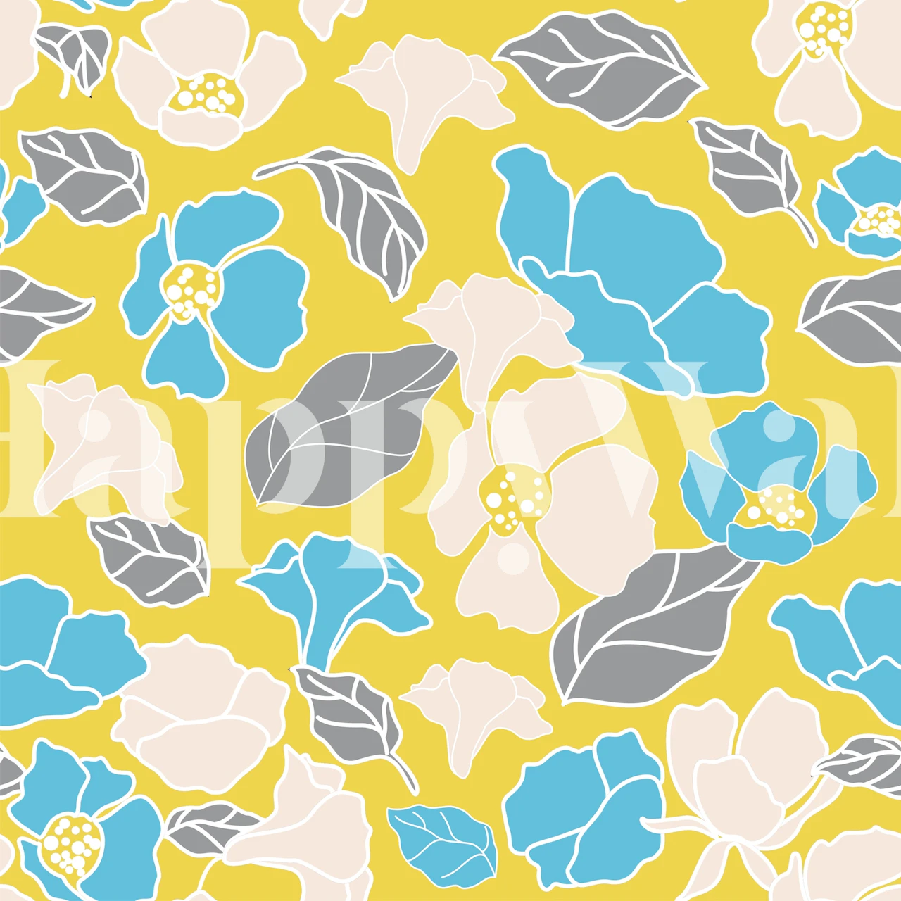 Blue yellow grey flower garden wallpaper in room