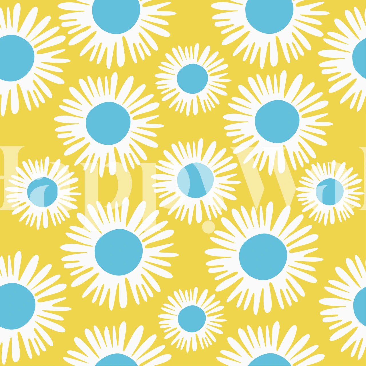 Mustard yellow and blue daisy pattern on a light yellow background wall mural