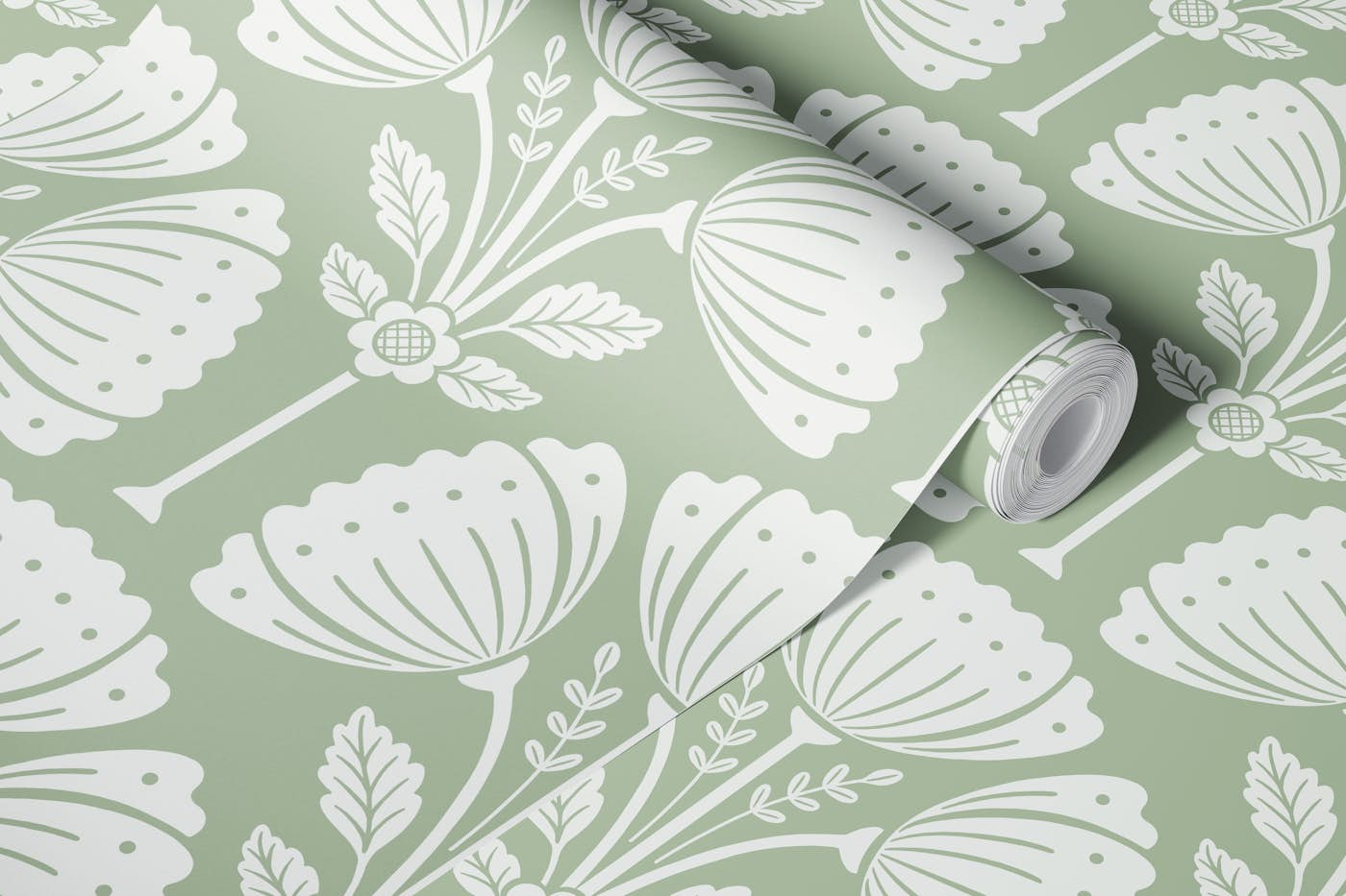 Block Print Bouquet - Sage Green 2 wallpaper roll