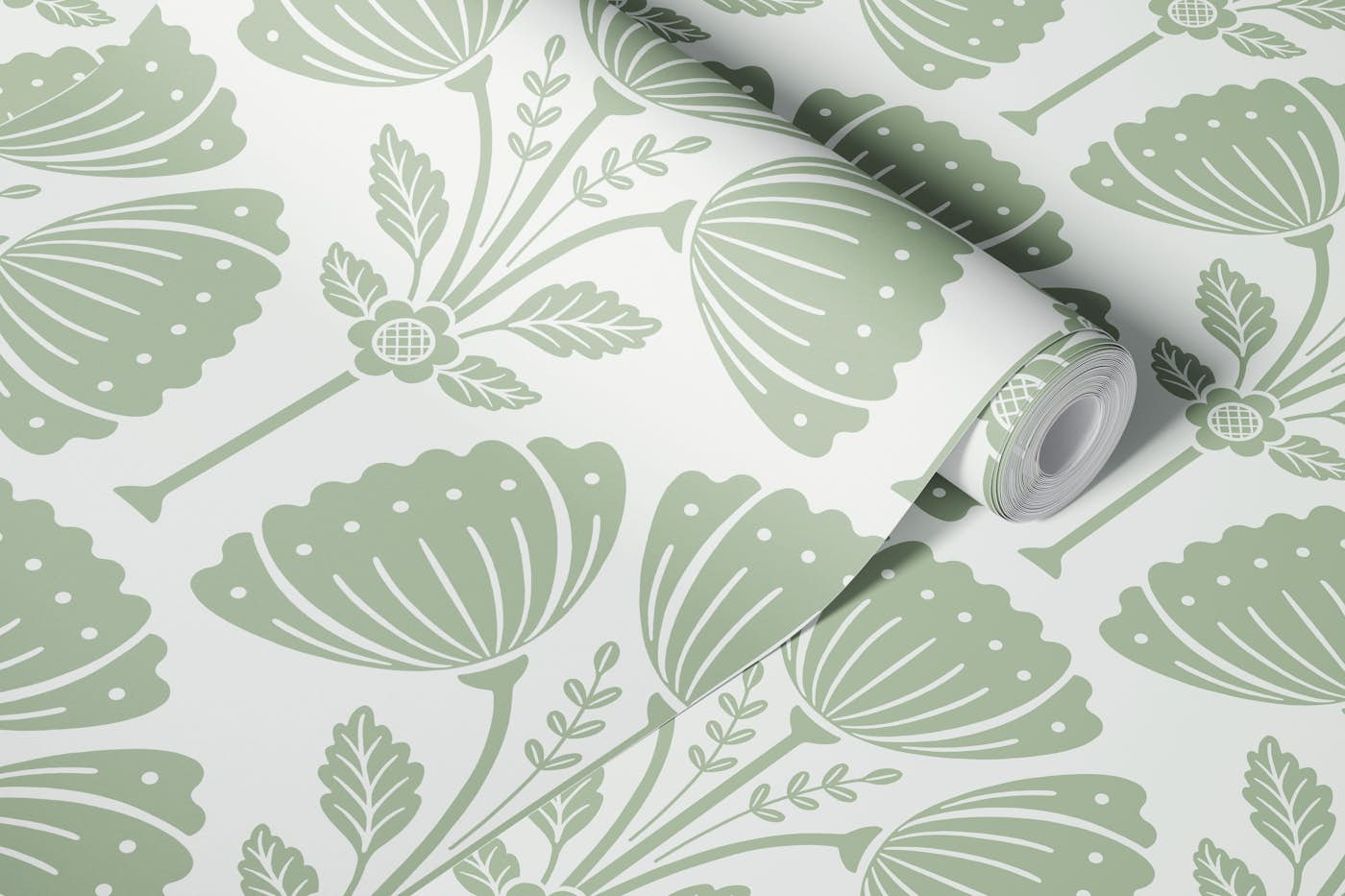 Block Print Bouquet - Sage Green 1 wallpaper roll