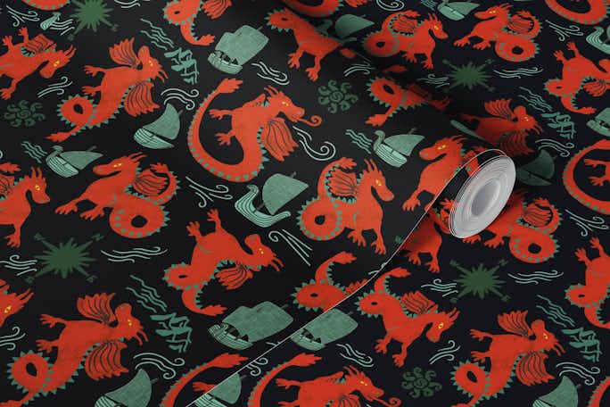 Dragons red/ blackwallpaper roll