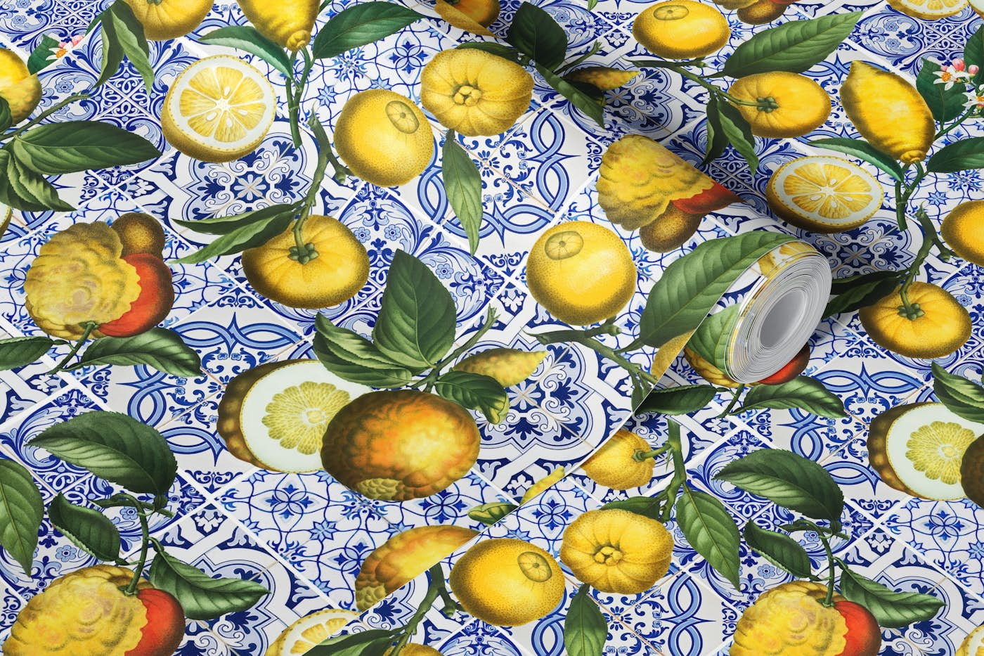 Lemon Fruits And Tiles wallpaper roll