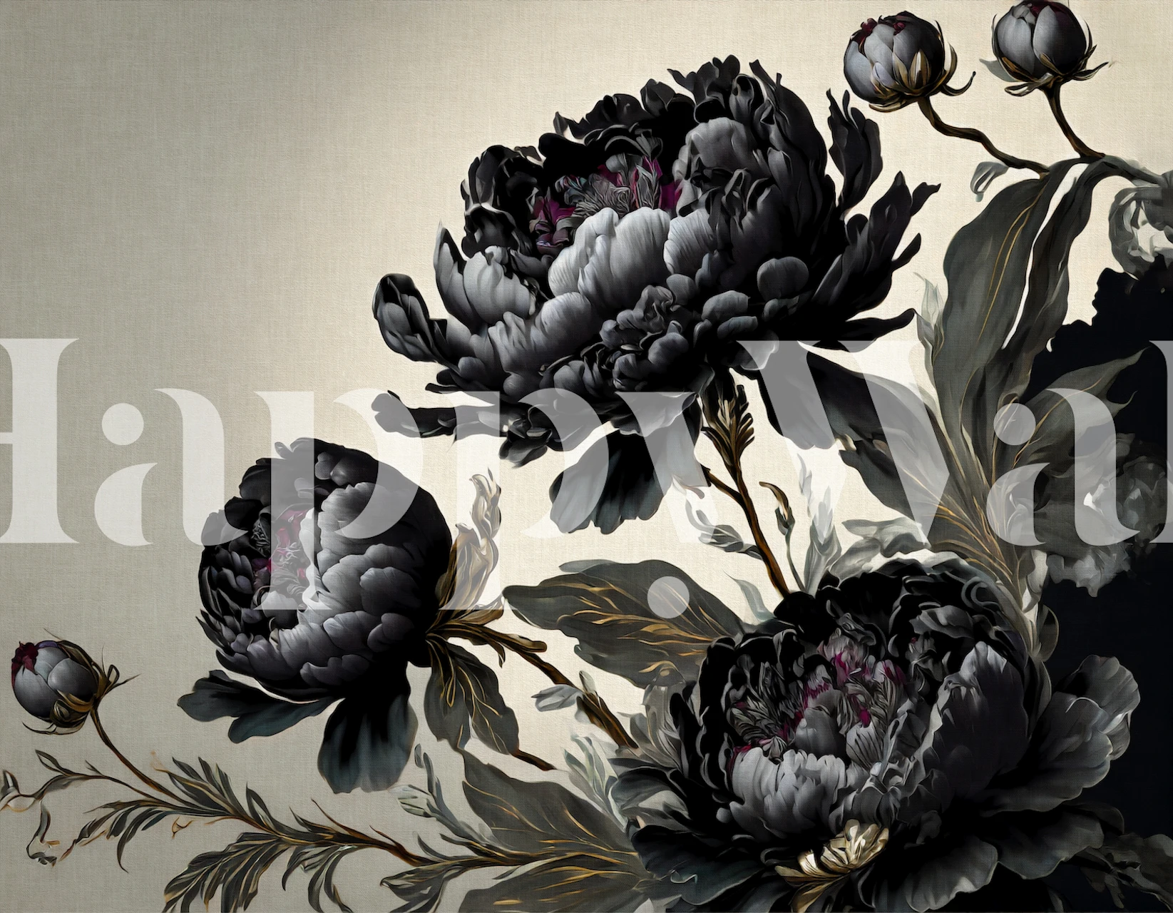 Floral design with black baroque peonies on cream background wallpaper