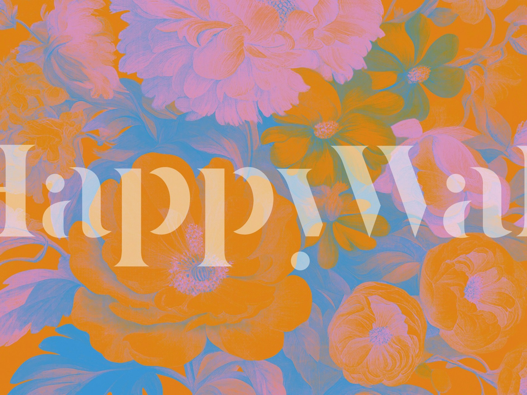 Vivid pop art style baroque floral wall mural with bright peonies and roses