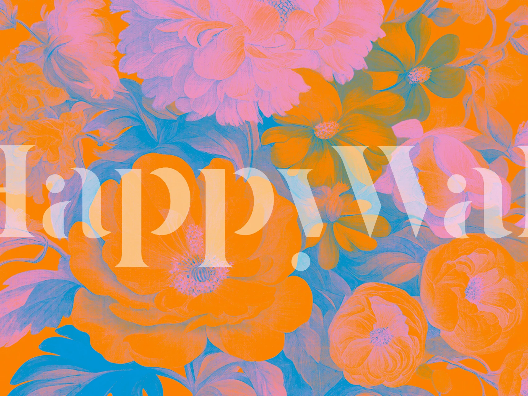 Vivid pop art style baroque floral wall mural with bright peonies and roses