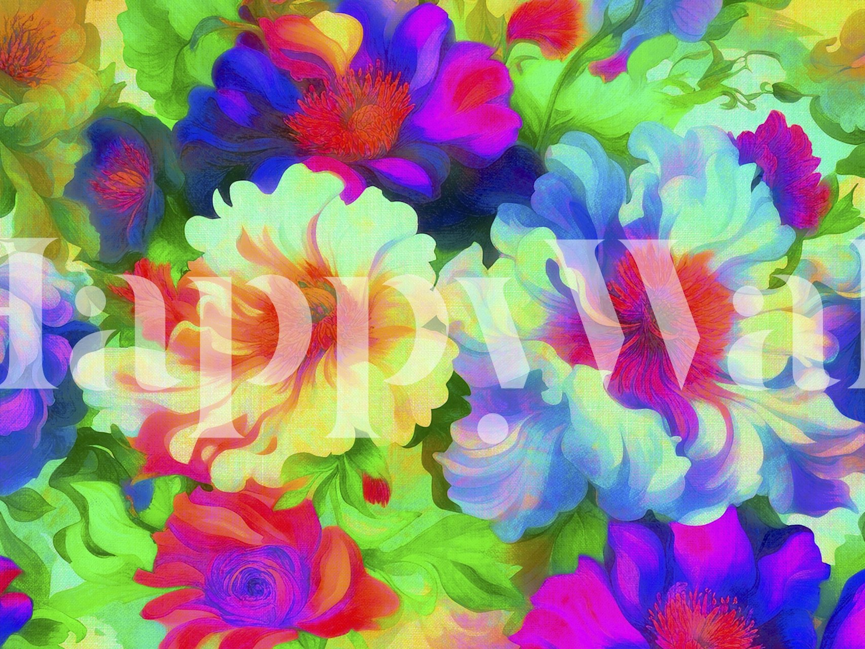 Kleurrijke Neon Pop Baroque Flowers behang in een kamer