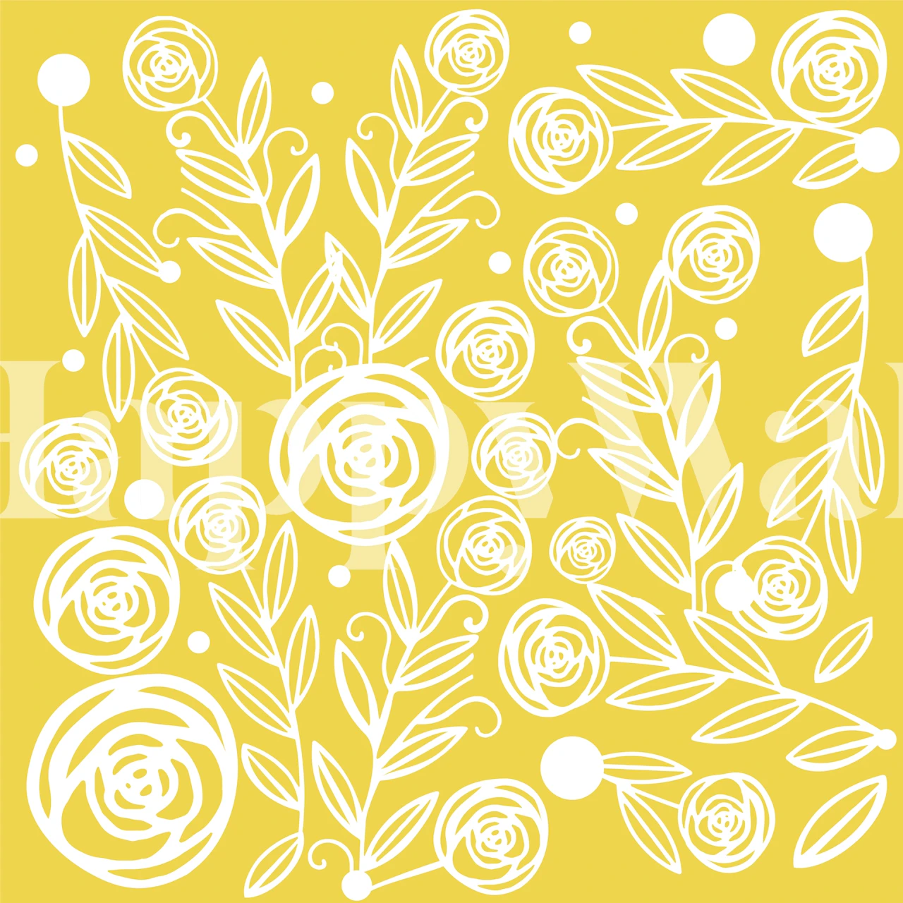Hand-drawn white roses and leaves on yellow wallpaper