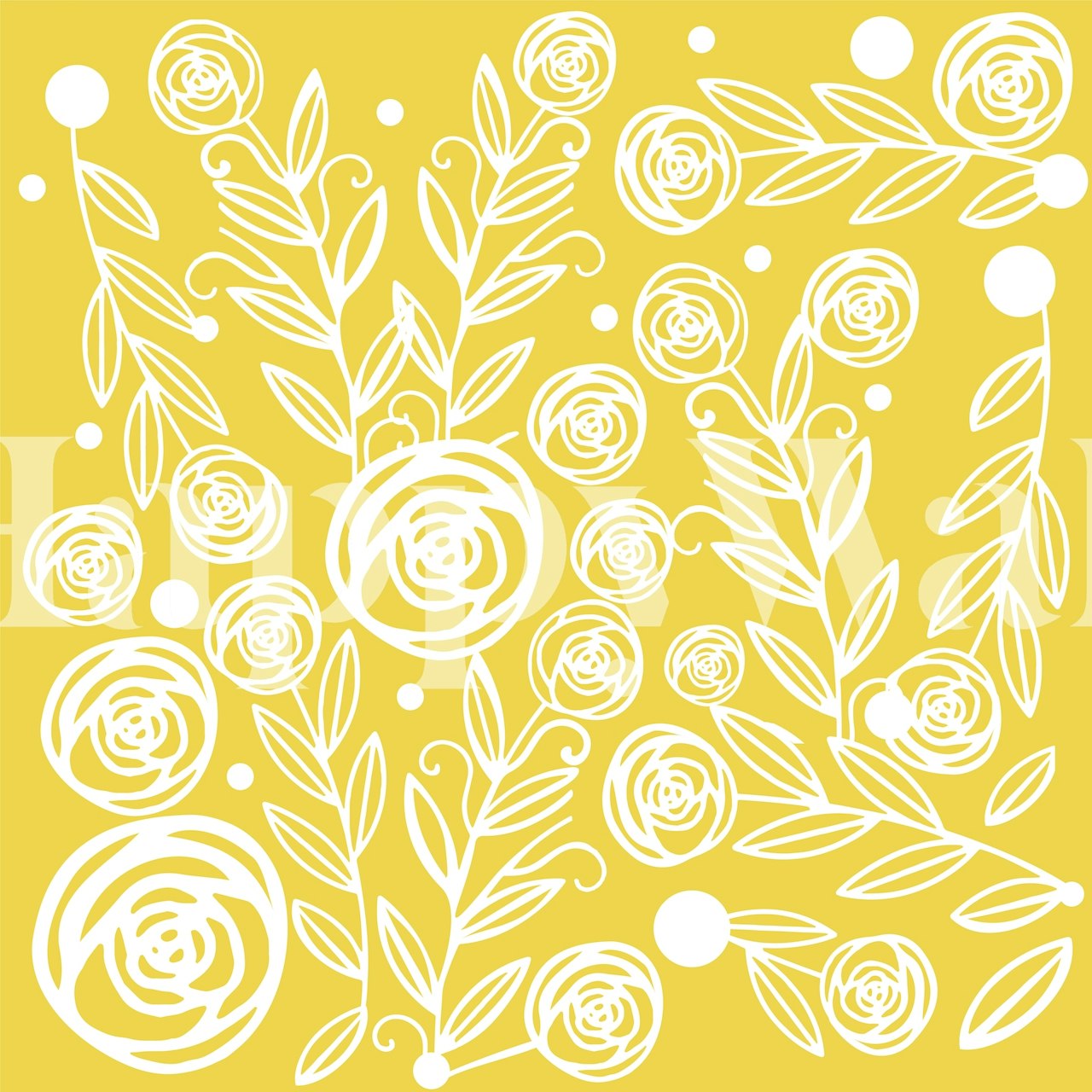 Hand-drawn white roses and leaves on yellow wallpaper