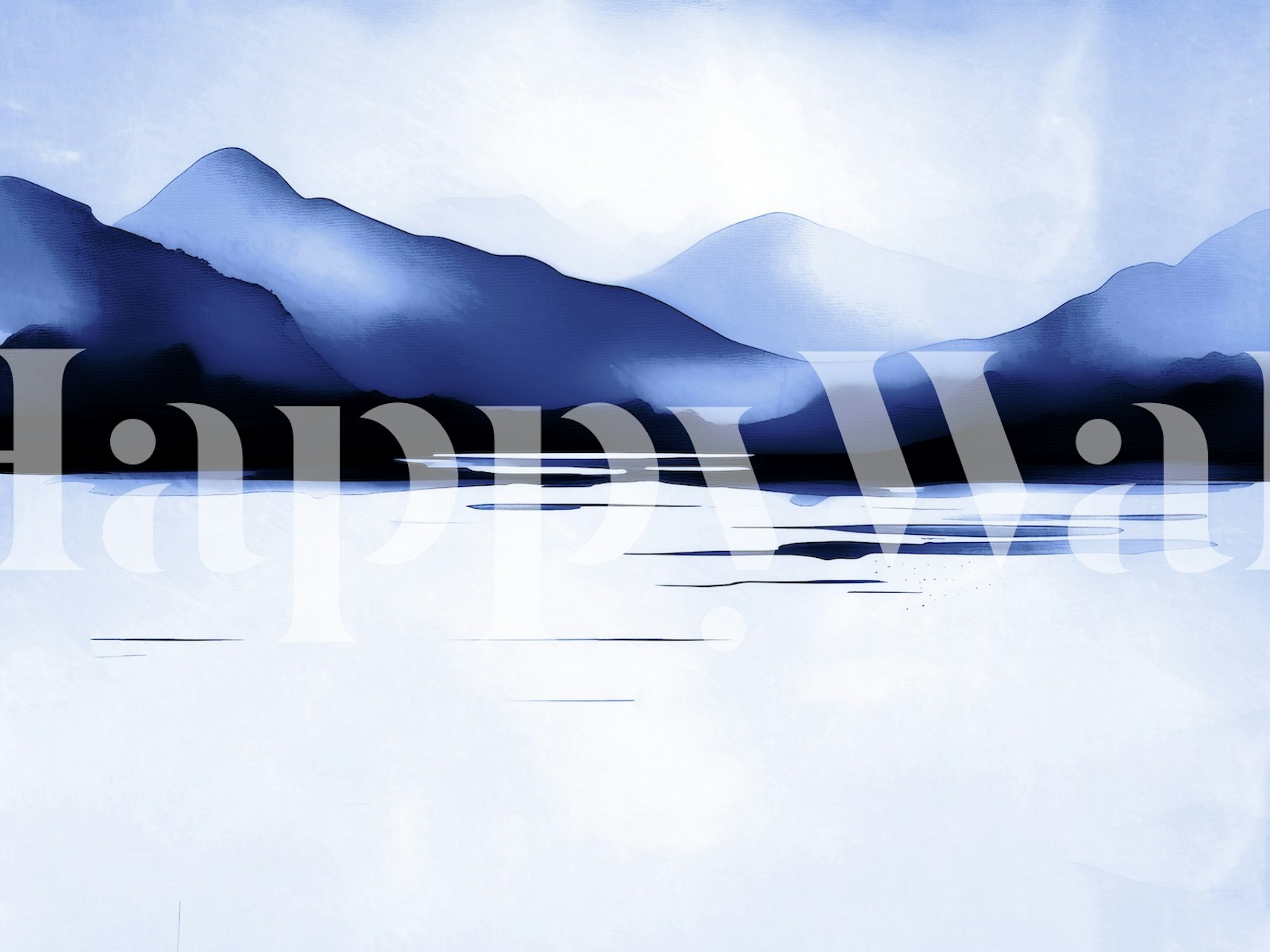 Fototapeta Nordic Blue Watercolor Horizon s mlžnými horami a klidným jezerem