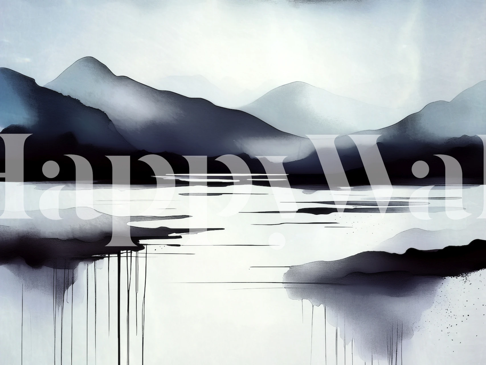 Inky landscape with mountains and reflective water in shades of blue and gray wallpaper