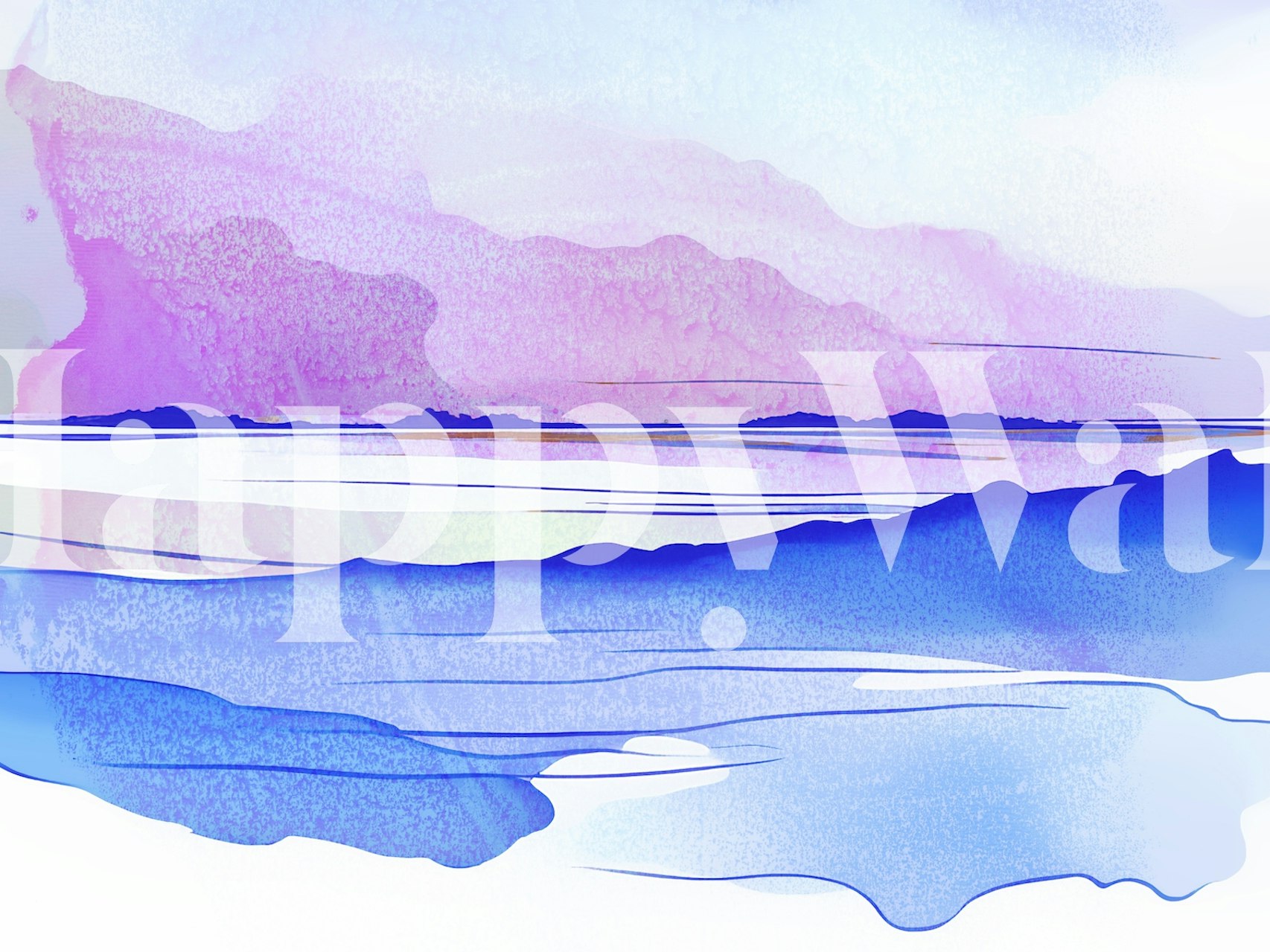 Watercolor coastal landscape illustration in blue and pink hues wallpaper