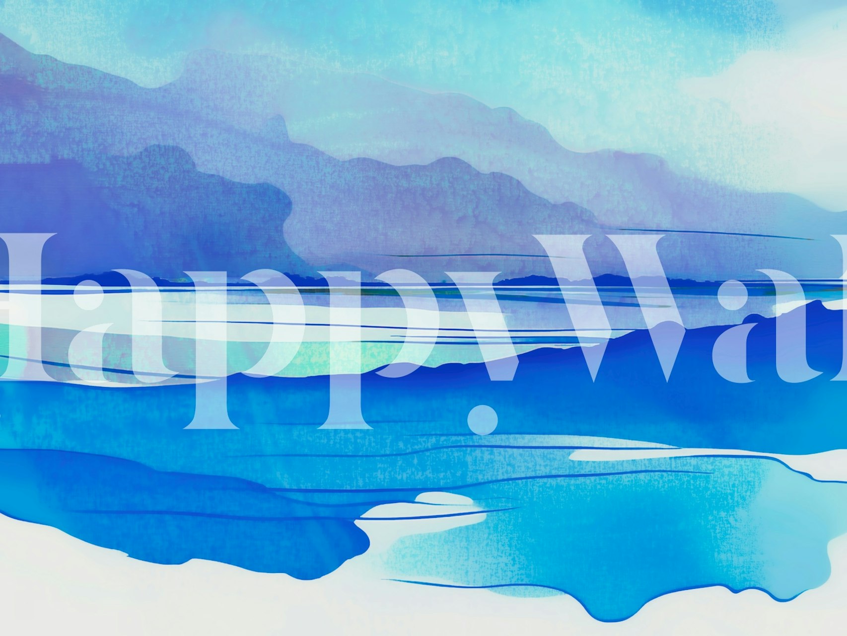 Abstrakt mykt akvarellveggmaleri som viser en kystscene i milde lilla og blå nyanser.