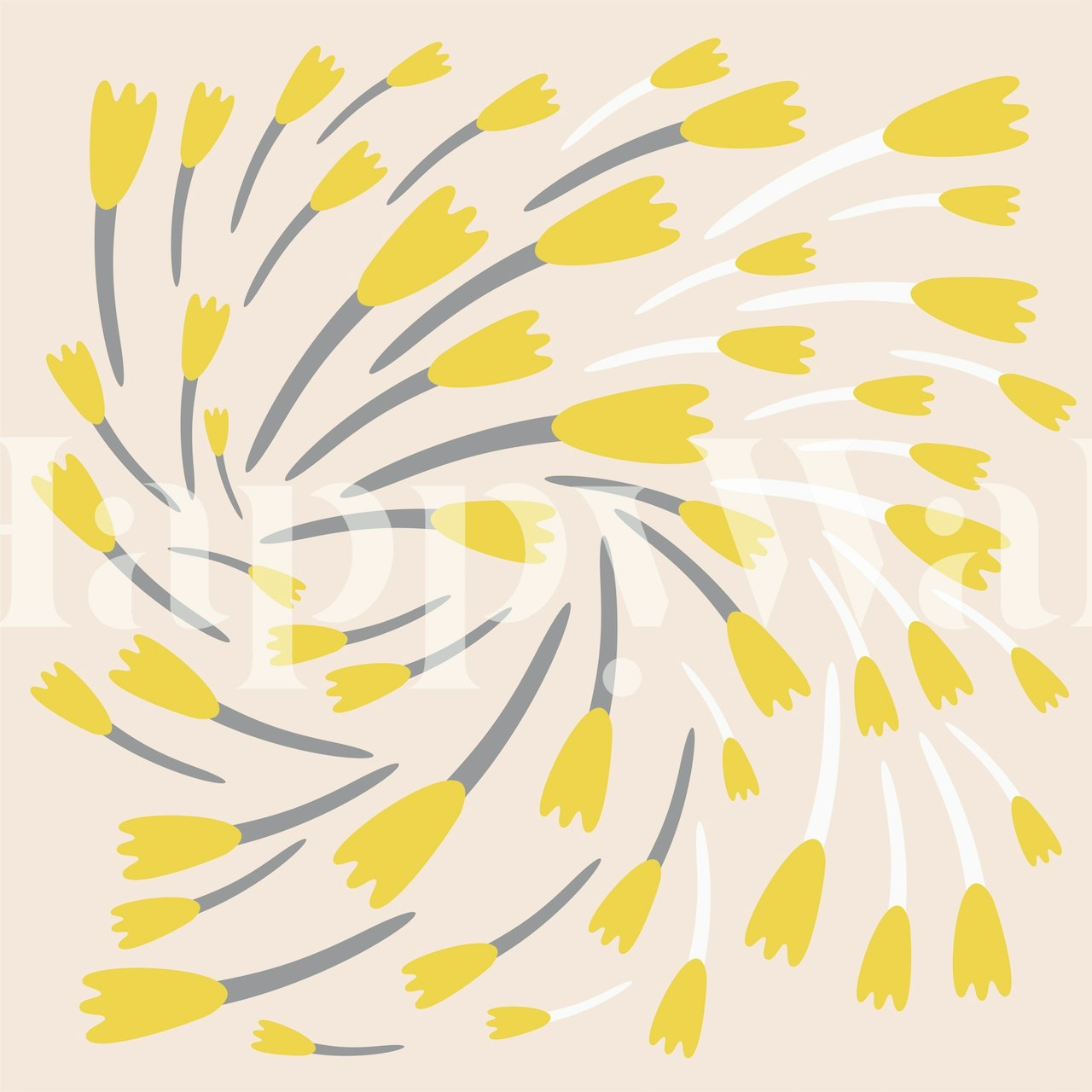 Abstract tulip pattern wall mural with tan and muted yellow blooms on a neutral background.