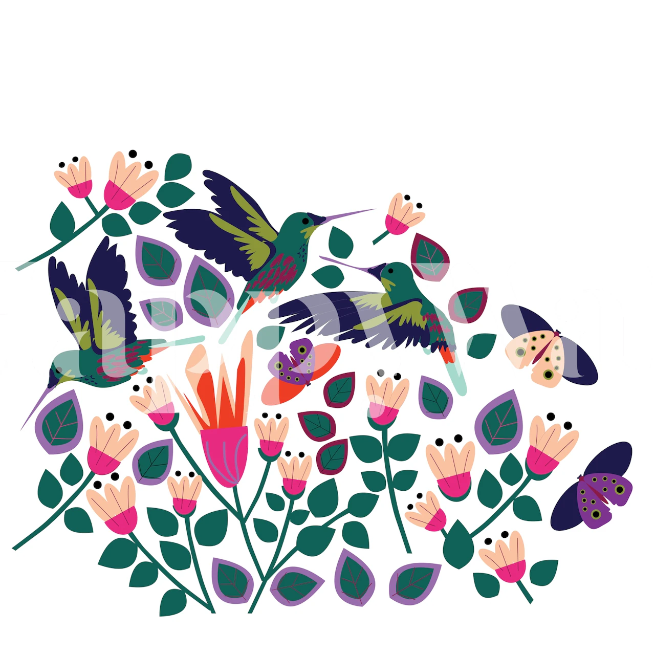 Carta da parati colorata con colibrì con fiori e foglie, perfetta per dare energia a qualsiasi stanza