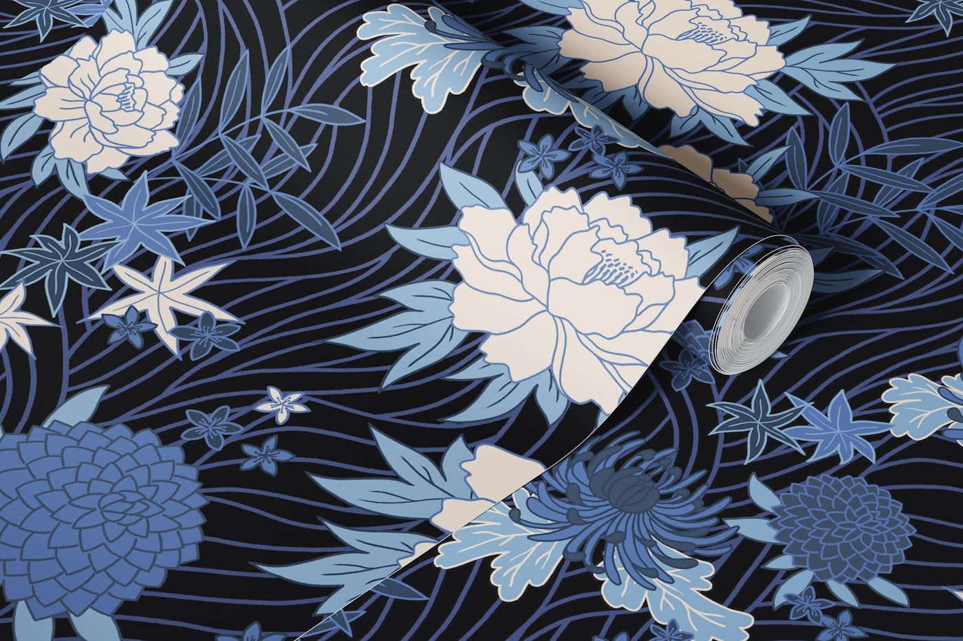 Asian blooms - black & blue wallpaper roll