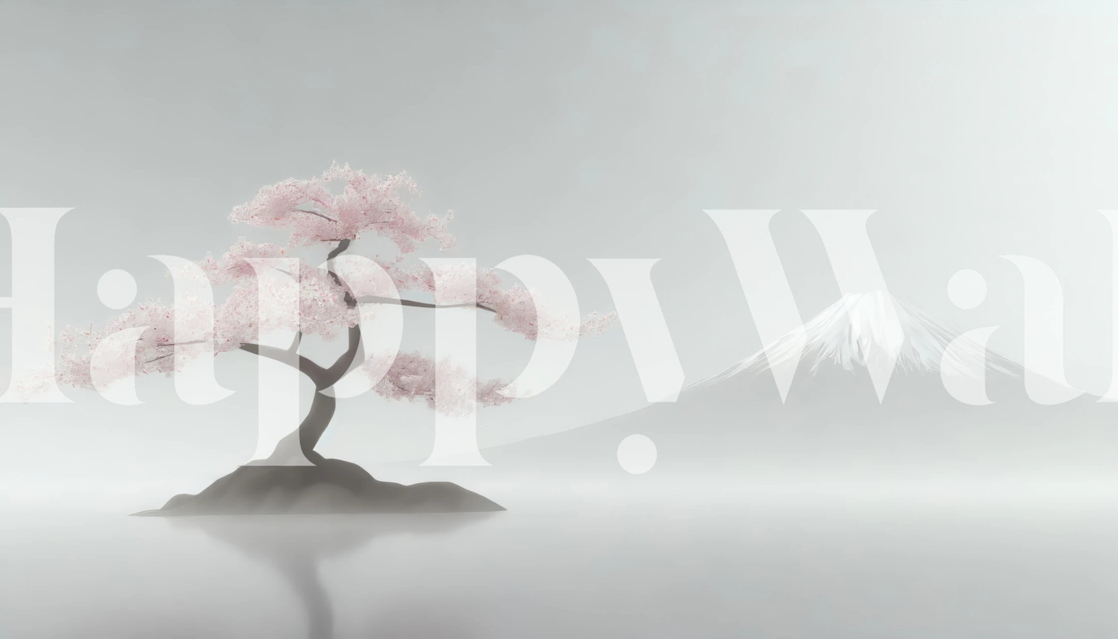 Sakura cherry blossom tree with Mount Fuji in a misty backdrop