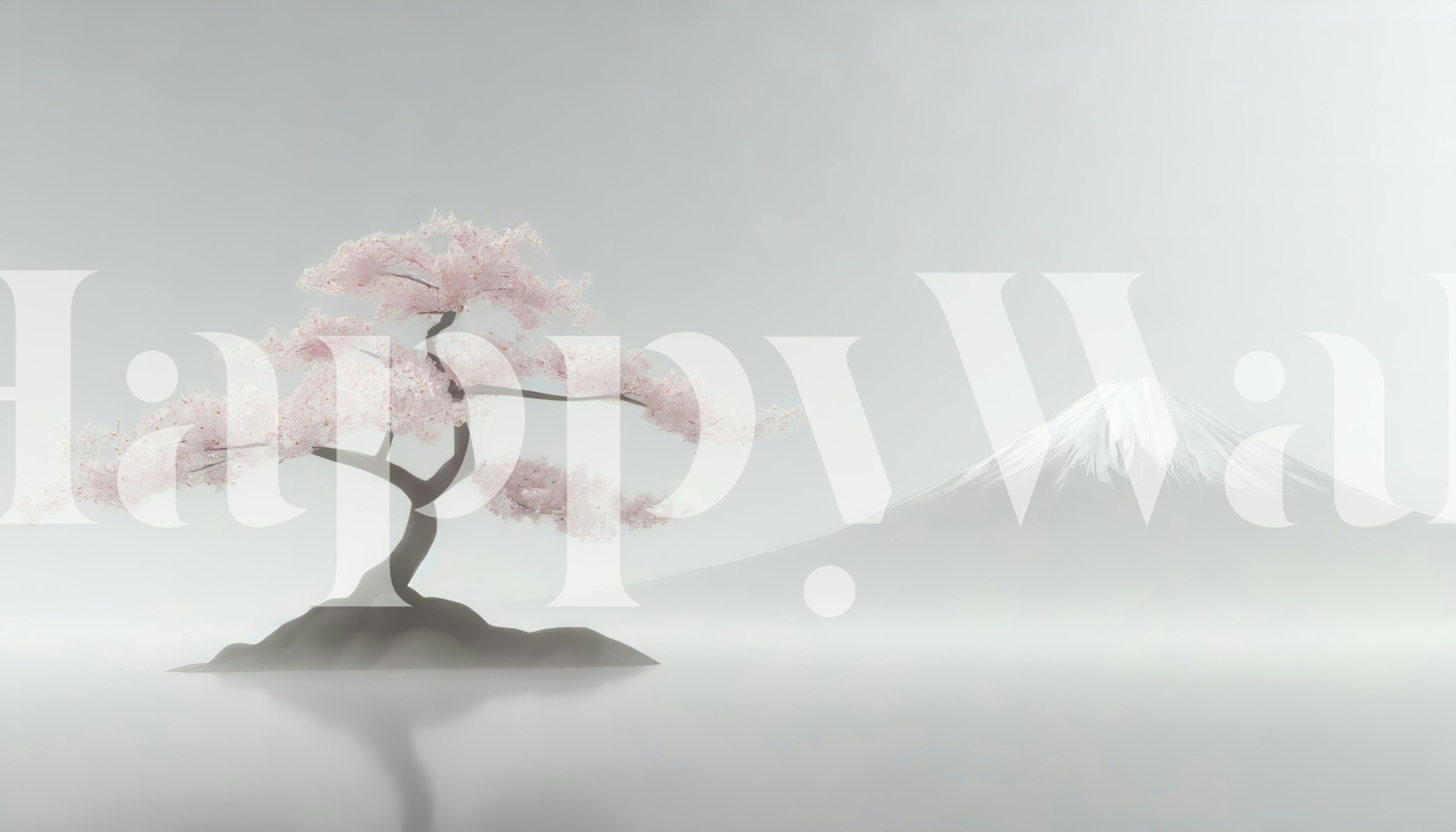 Sakura cherry blossom tree with Mount Fuji in a misty backdrop