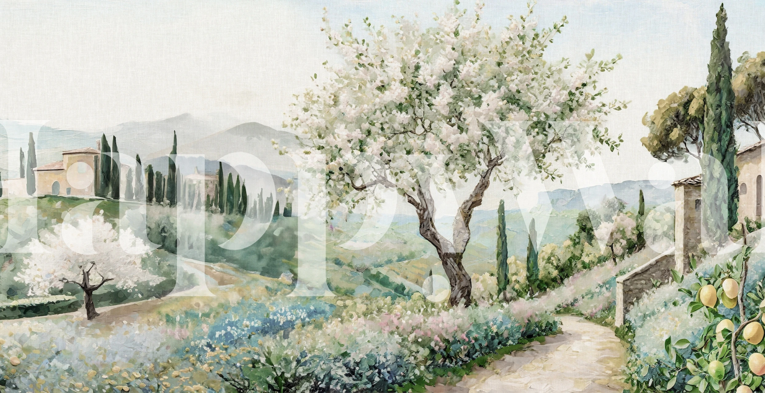 Floral landscape with cypress trees and flowering trees wallpaper