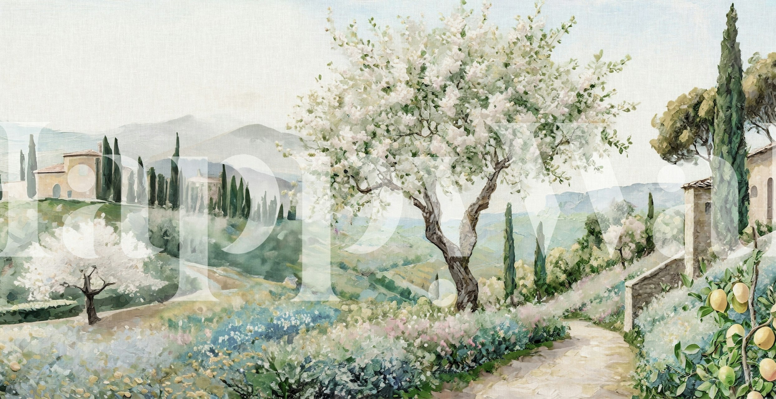 Τοιχογραφία στην εξοχή της Τοσκάνης με ανοιξιάτικα λουλούδια και ελιές