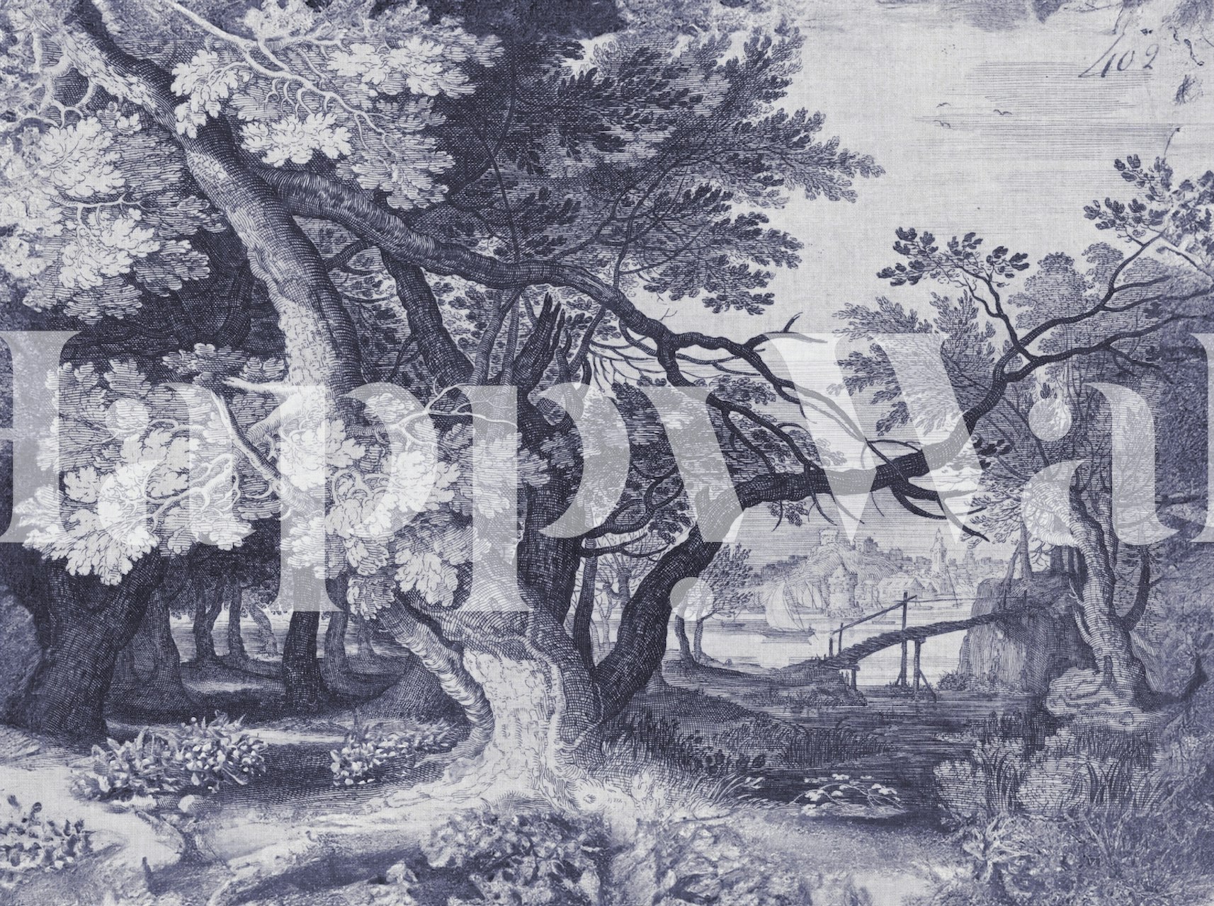 Blue tree etching landscape wallpaper, intricate design, natural scenes