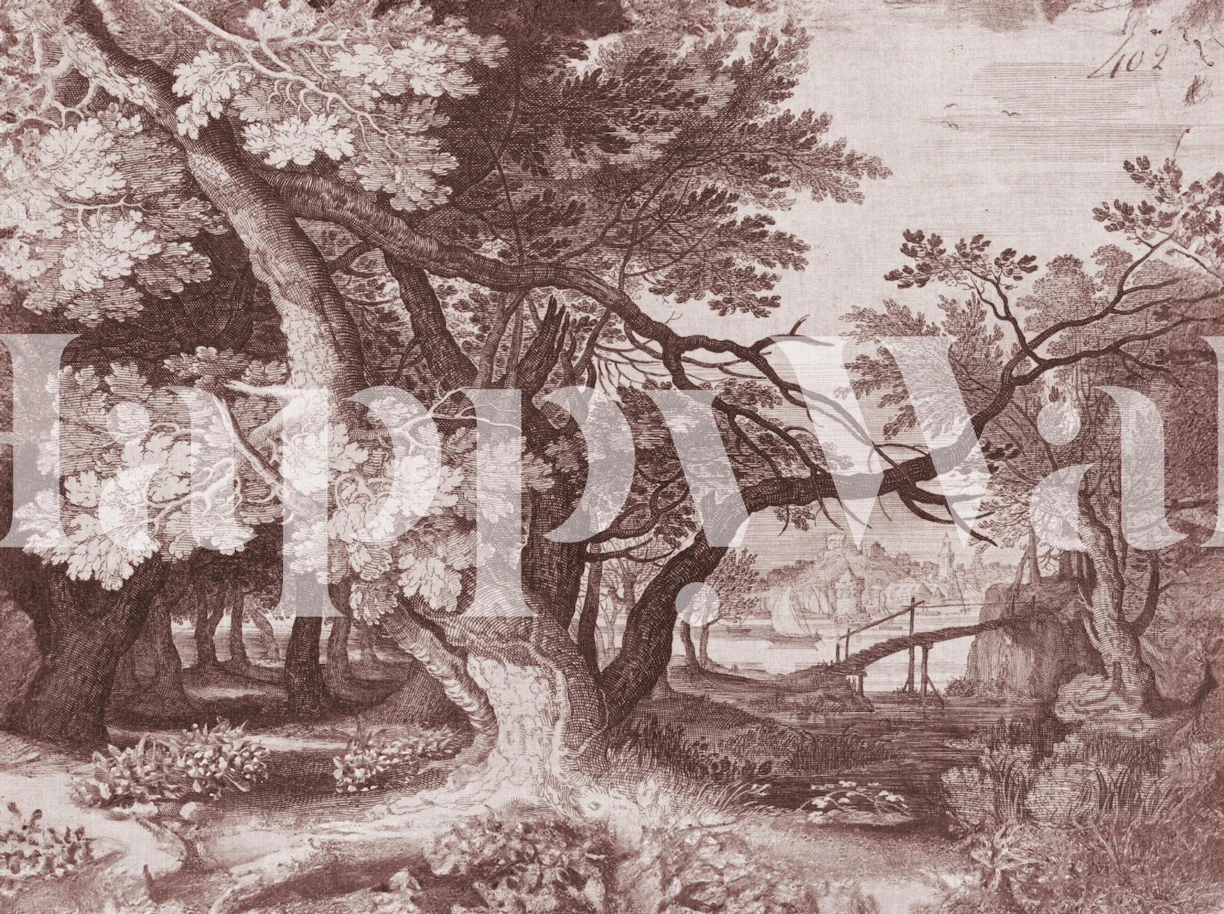 Detailed etching of landscape trees with brown tones wallpaper