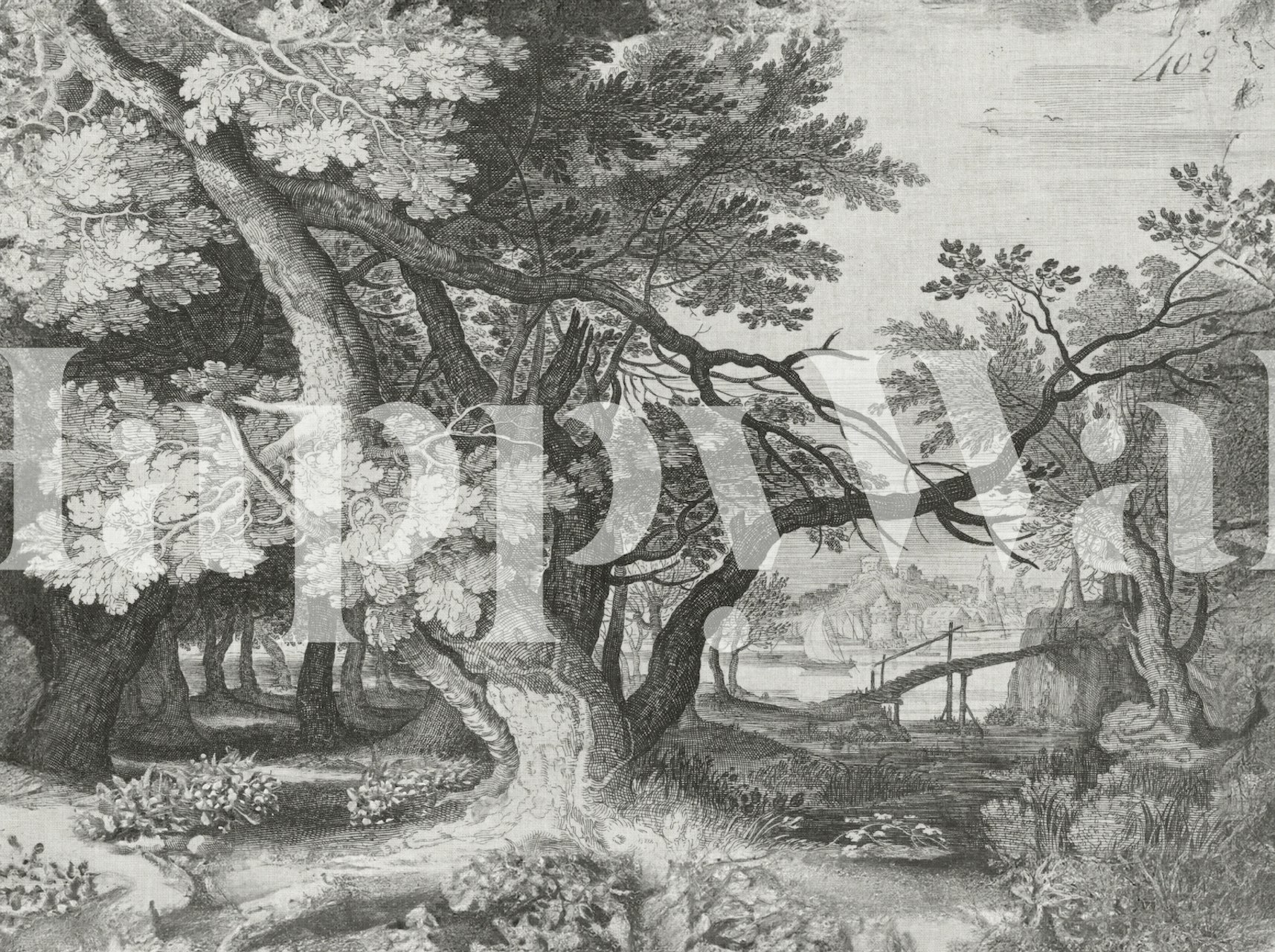 landscape with tree, etching wallpaper | Happywall