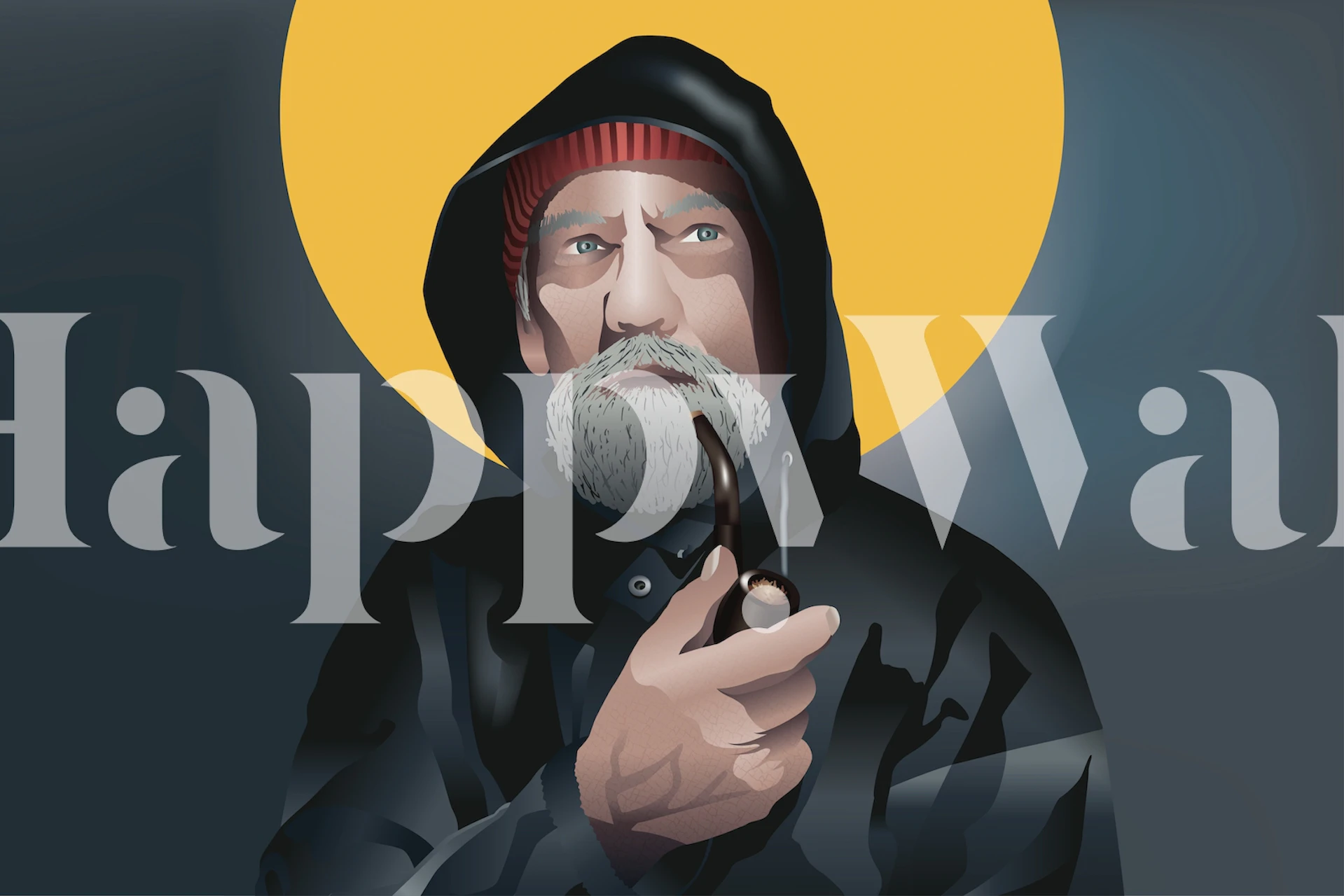 Fisherman portrait with grey beard, black clothing, and yellow background wallpaper