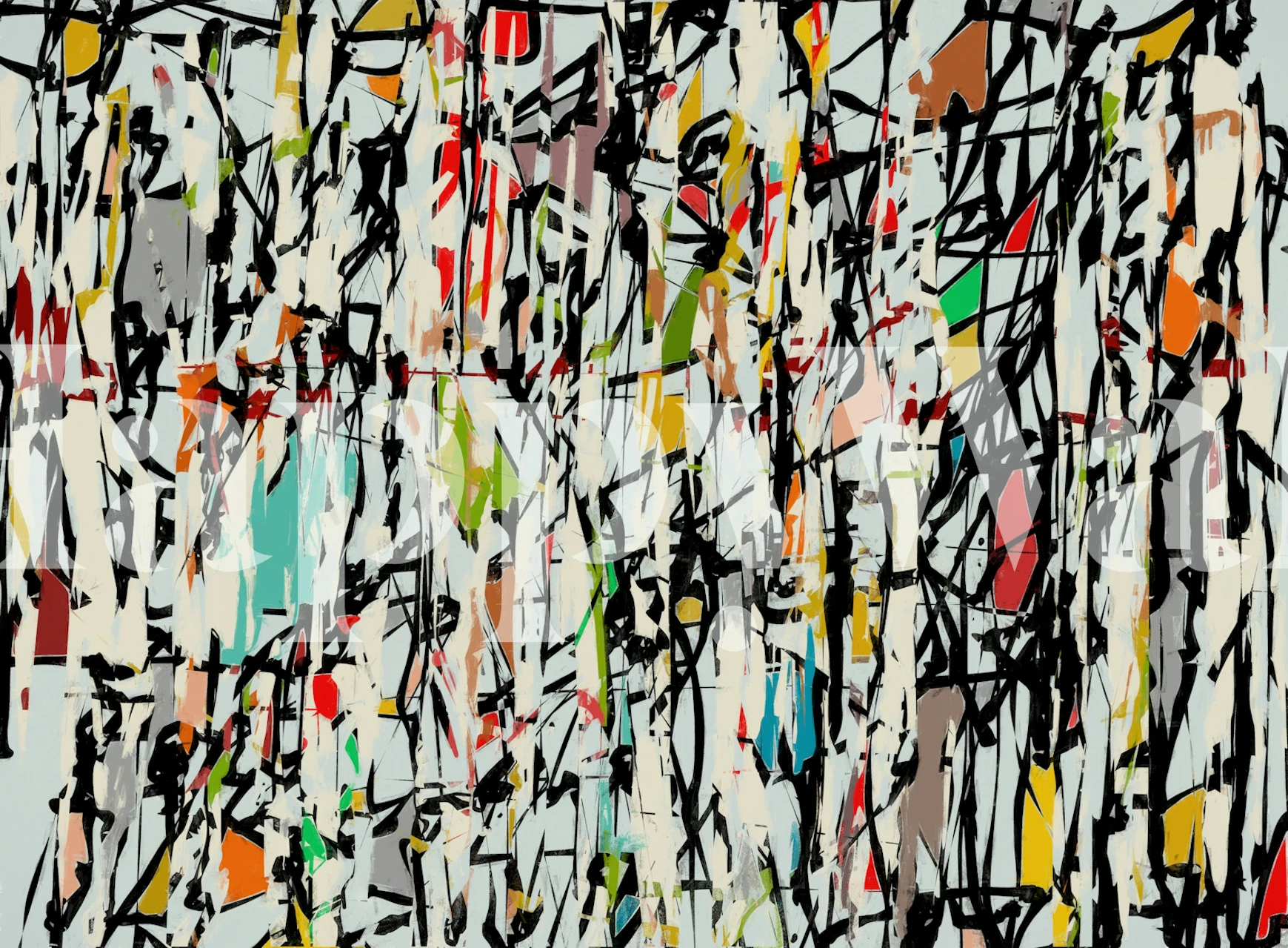 Abstract brush stroke design with multicolor splashes and black outlines wallpaper