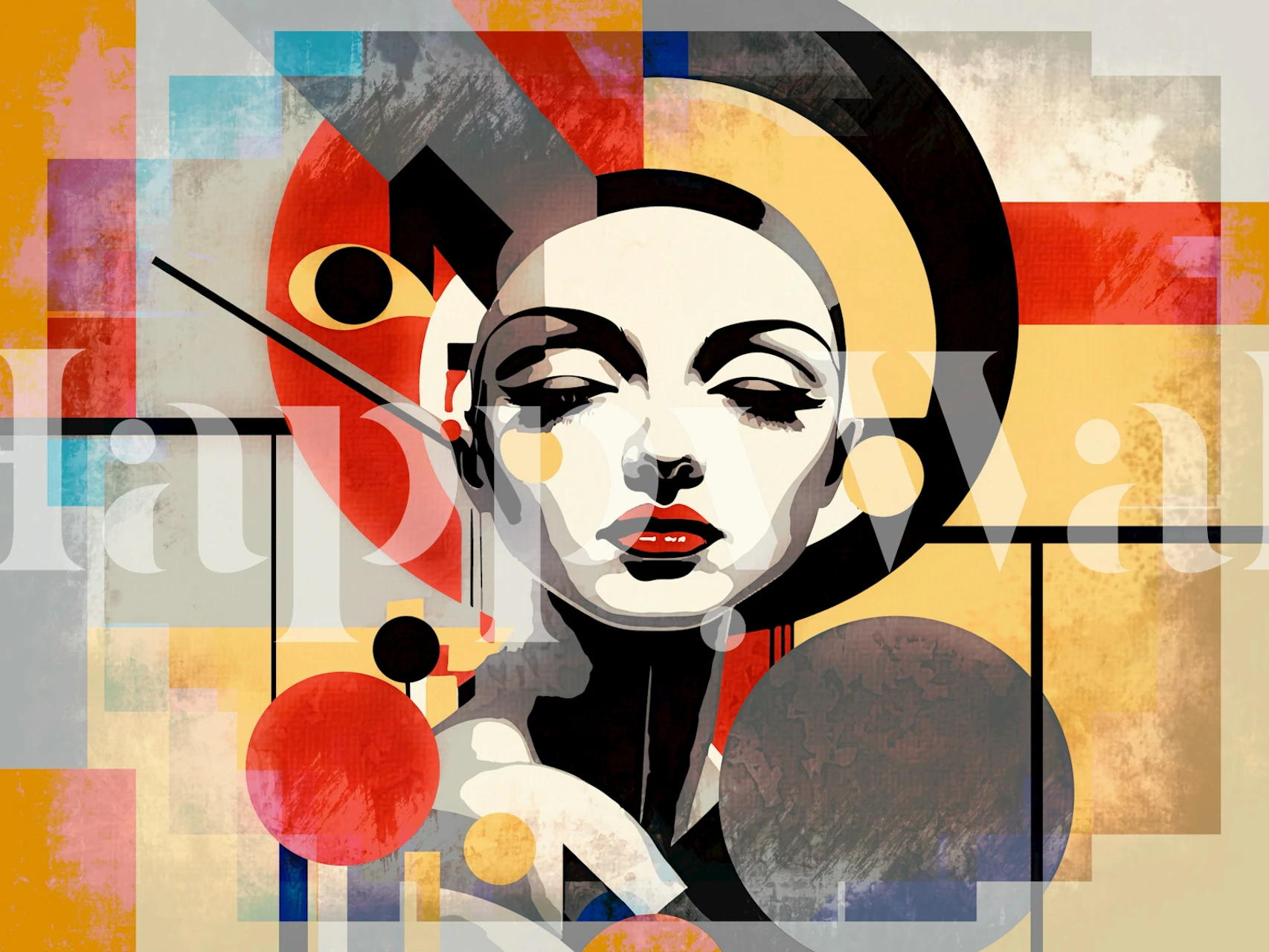 Art Deco-style mural with a stylized lady in bold geometric patterns and vibrant colors