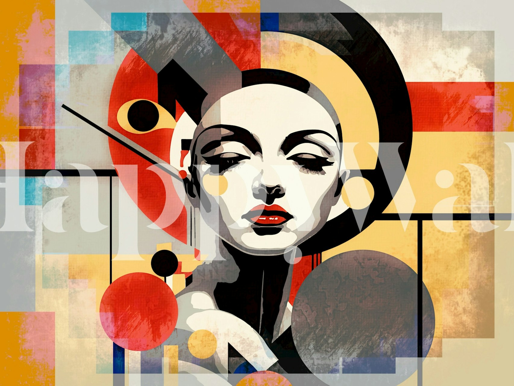 Art Deco-style mural with a stylized lady in bold geometric patterns and vibrant colors