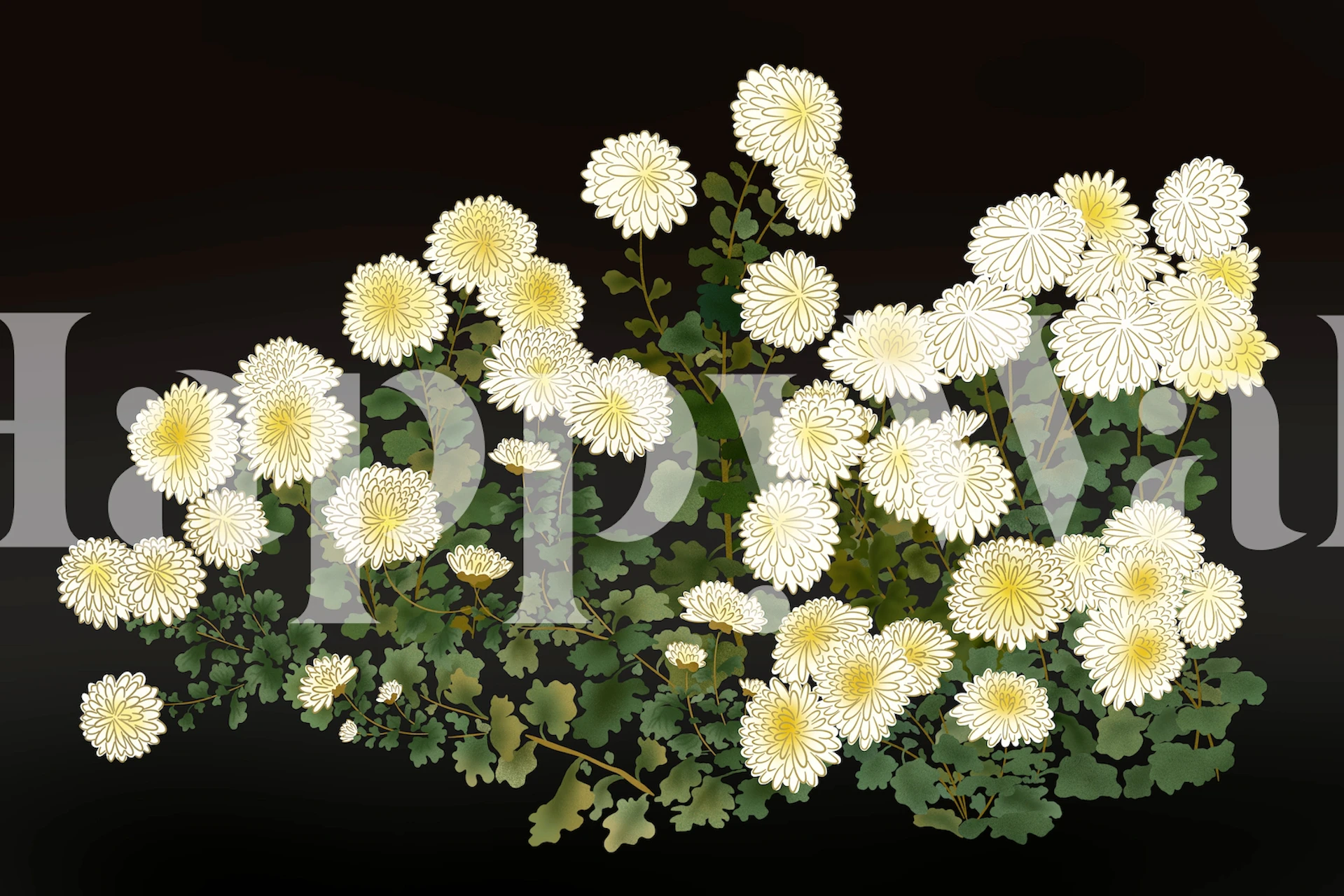 White chrysanthemums wallpaper in a room