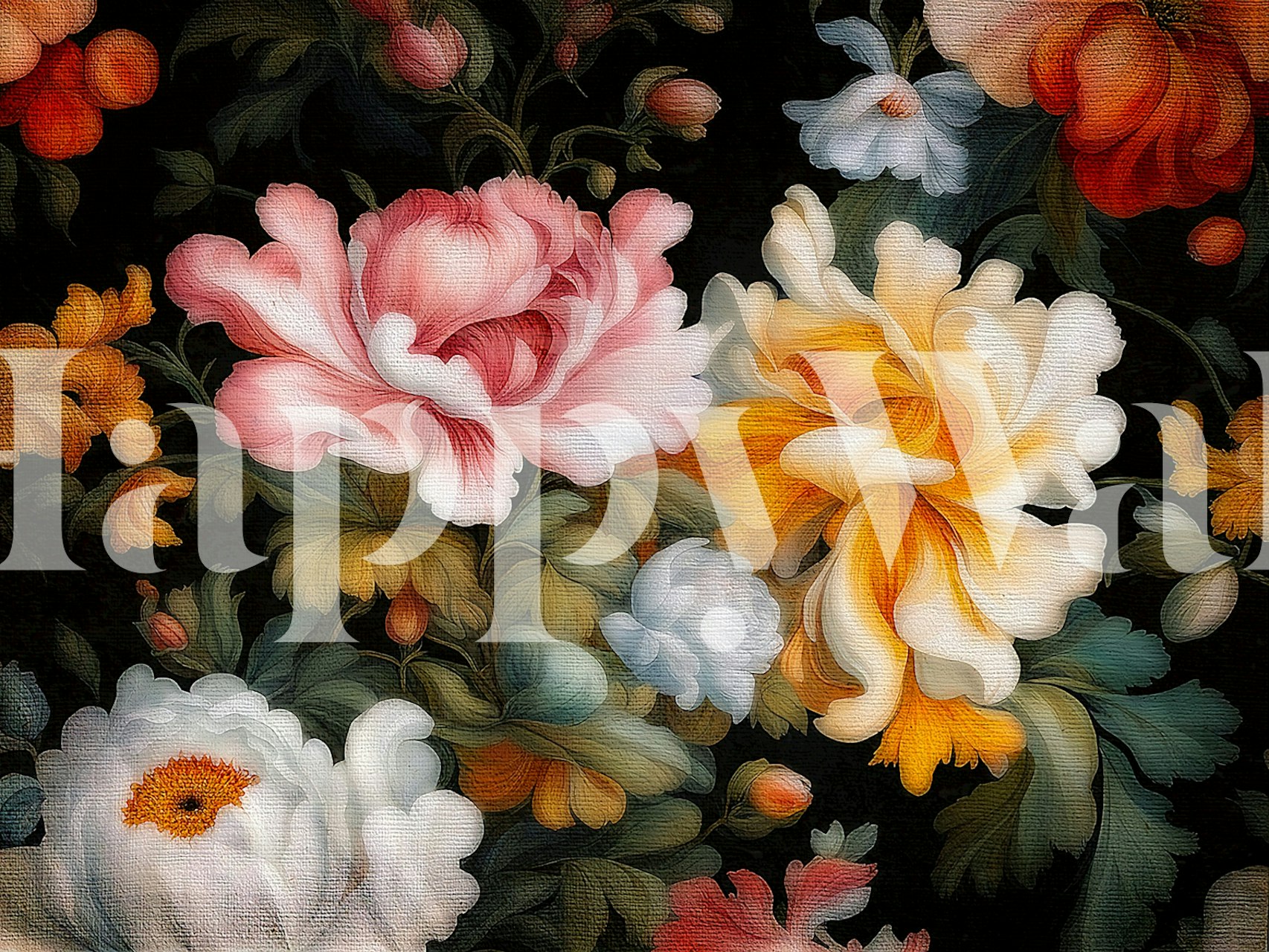 Classical antique flowers wall mural with blooming roses and peonies in rich colors