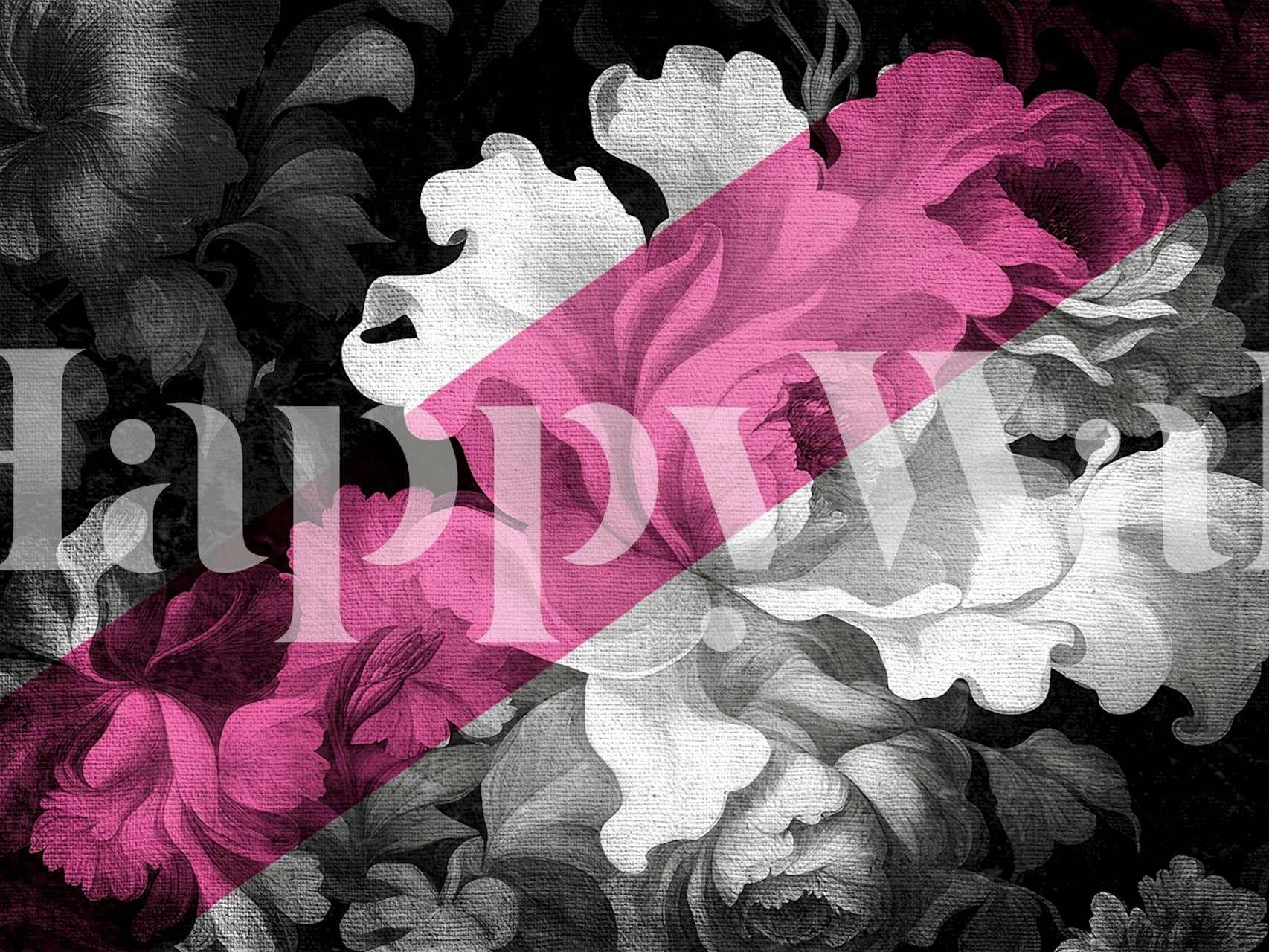 Monochroom en roze bloemenbehang waarin renaissance- en moderne pop-artstijlen samenkomen