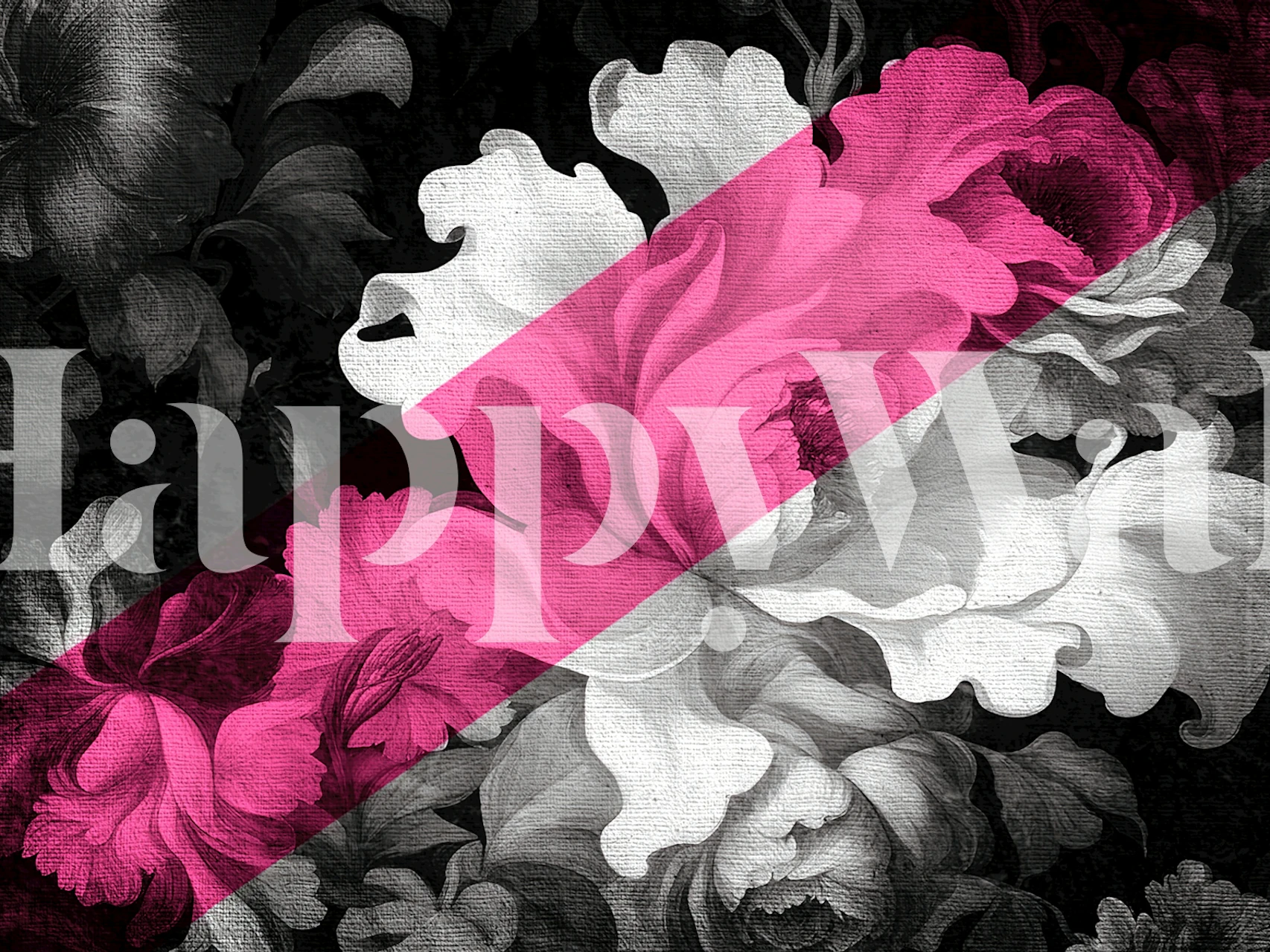 Monochrome and pink floral wall mural blending Renaissance and modern pop art styles