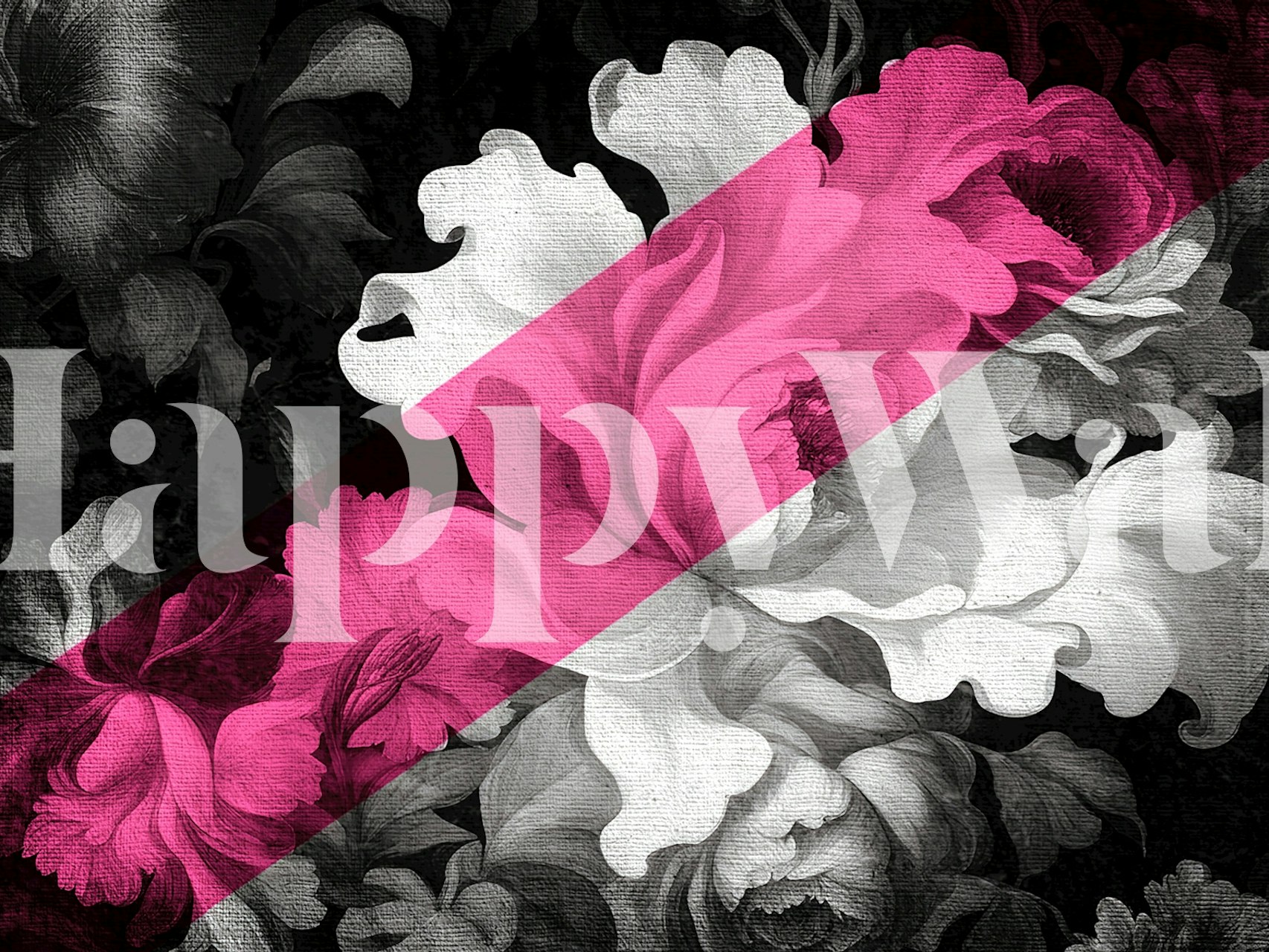 Monochrome and pink floral wall mural blending Renaissance and modern pop art styles