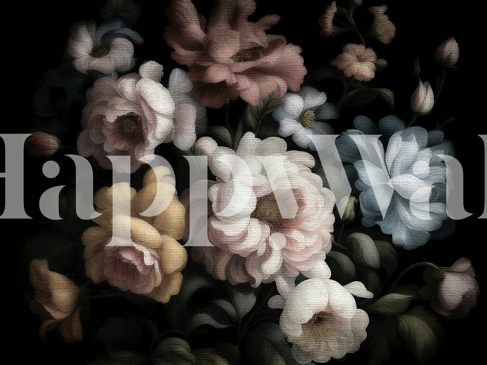 Nastrojowa, kwiatowa fototapeta w stylu antycznym ze stonowanymi różowymi i niebieskimi kwiatami na ciemnym tle