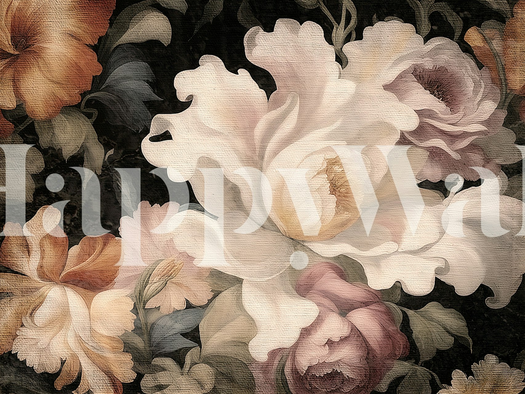 Huge Antique Moody Flowers wall mural with large-scale floral design on a dark background