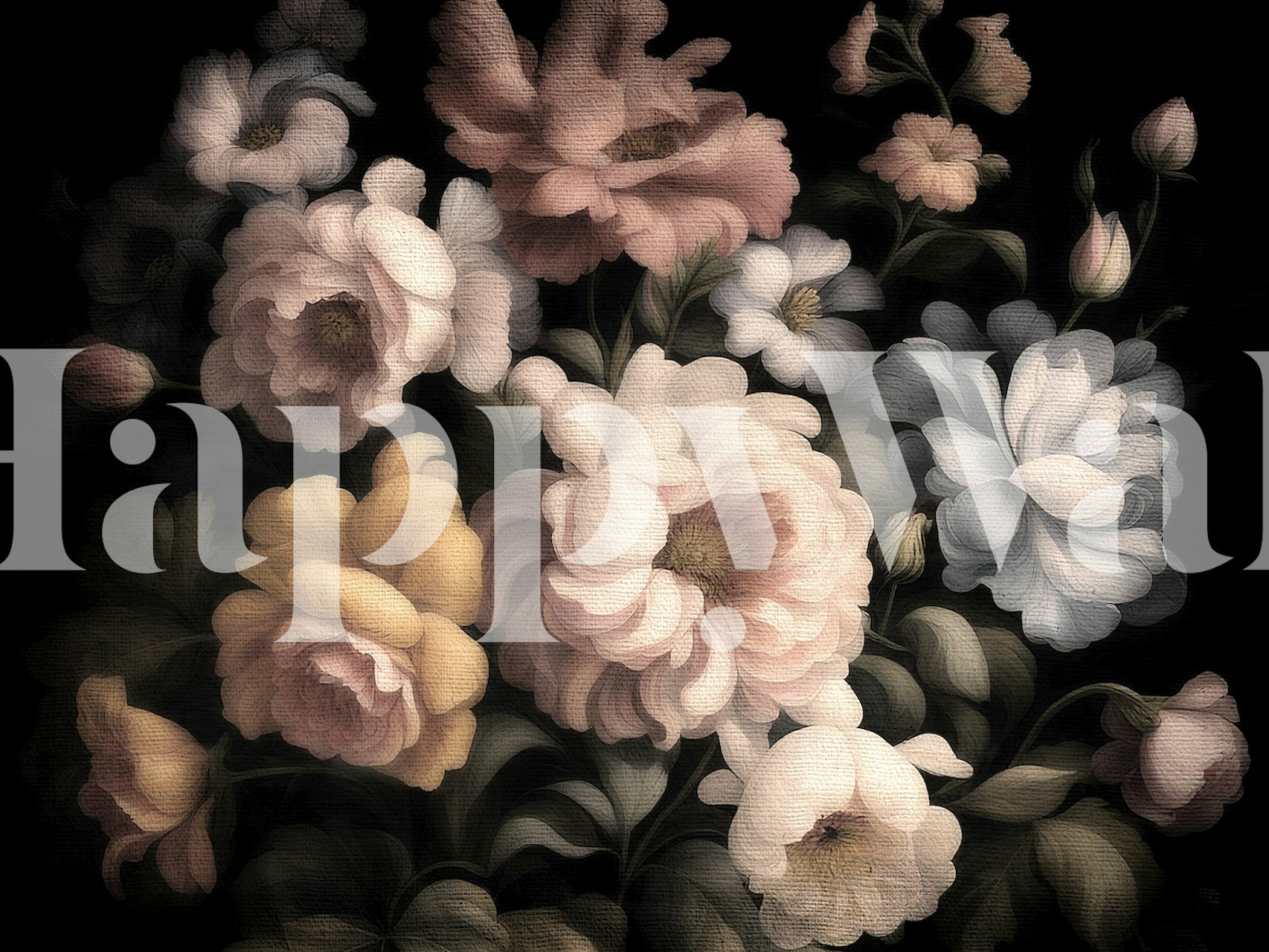Vintage floral design in soft pastels on black background wallpaper.