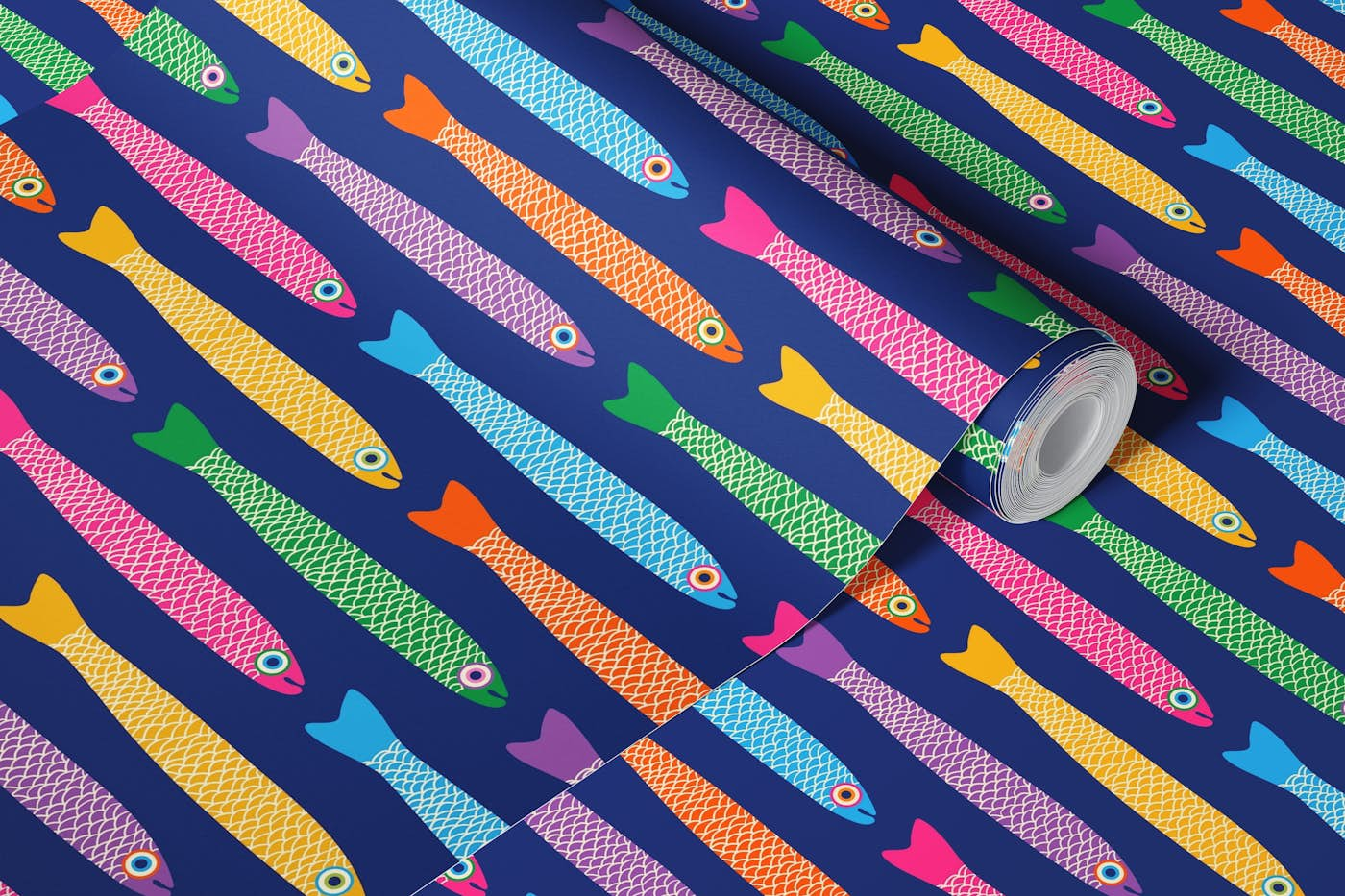 ANCHOVIES Bright Fish Horizontal - Royal Blue wallpaper roll