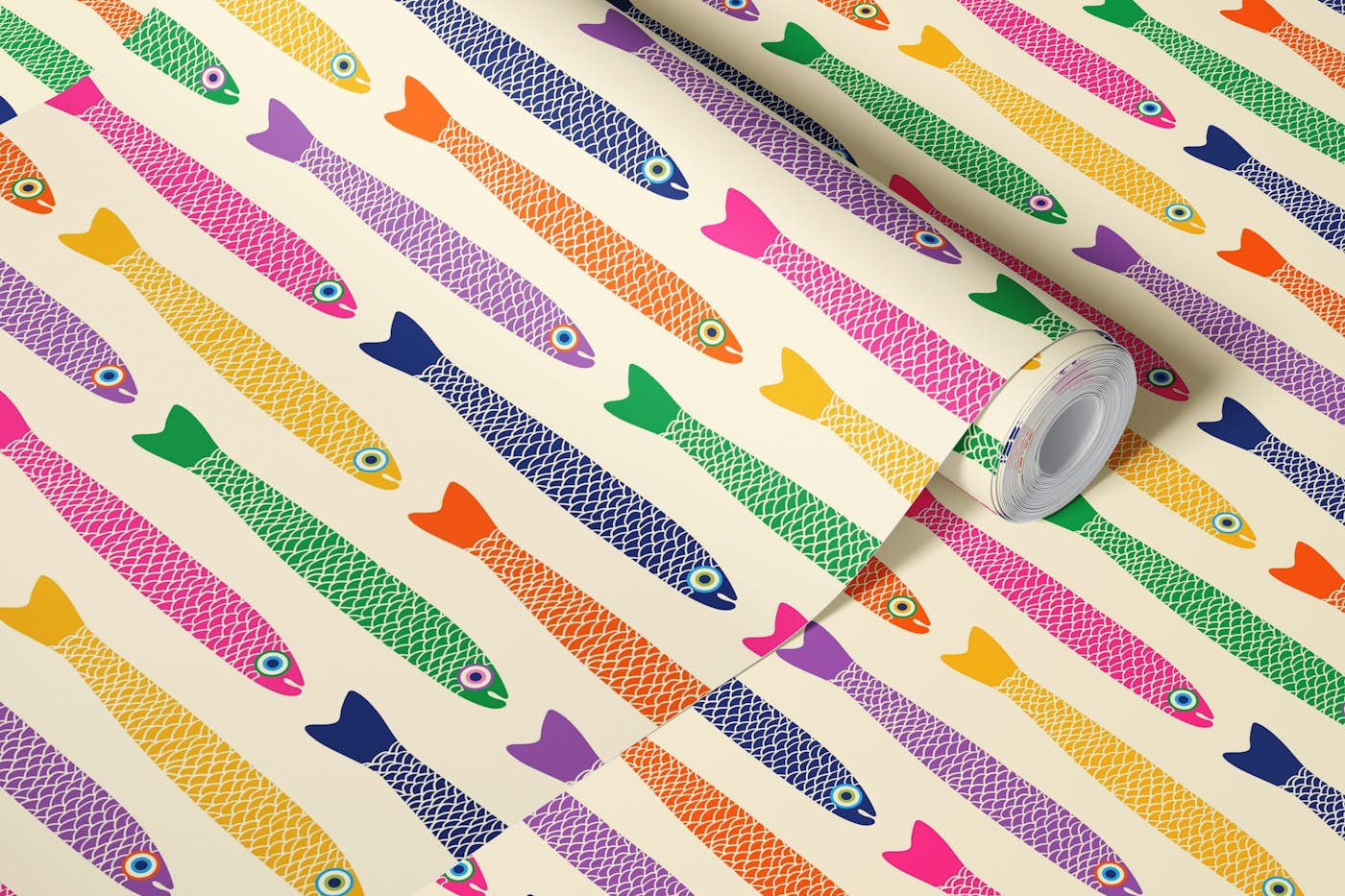 ANCHOVIES Bright Fish Horizontal - Cream wallpaper roll