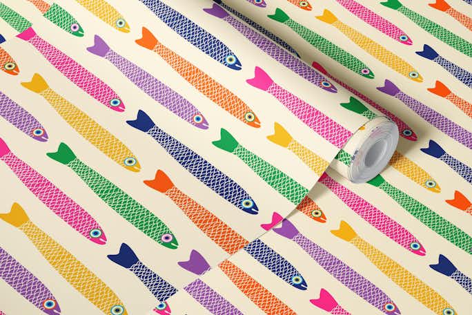 ANCHOVIES Bright Fish Horizontal - Creamwallpaper roll