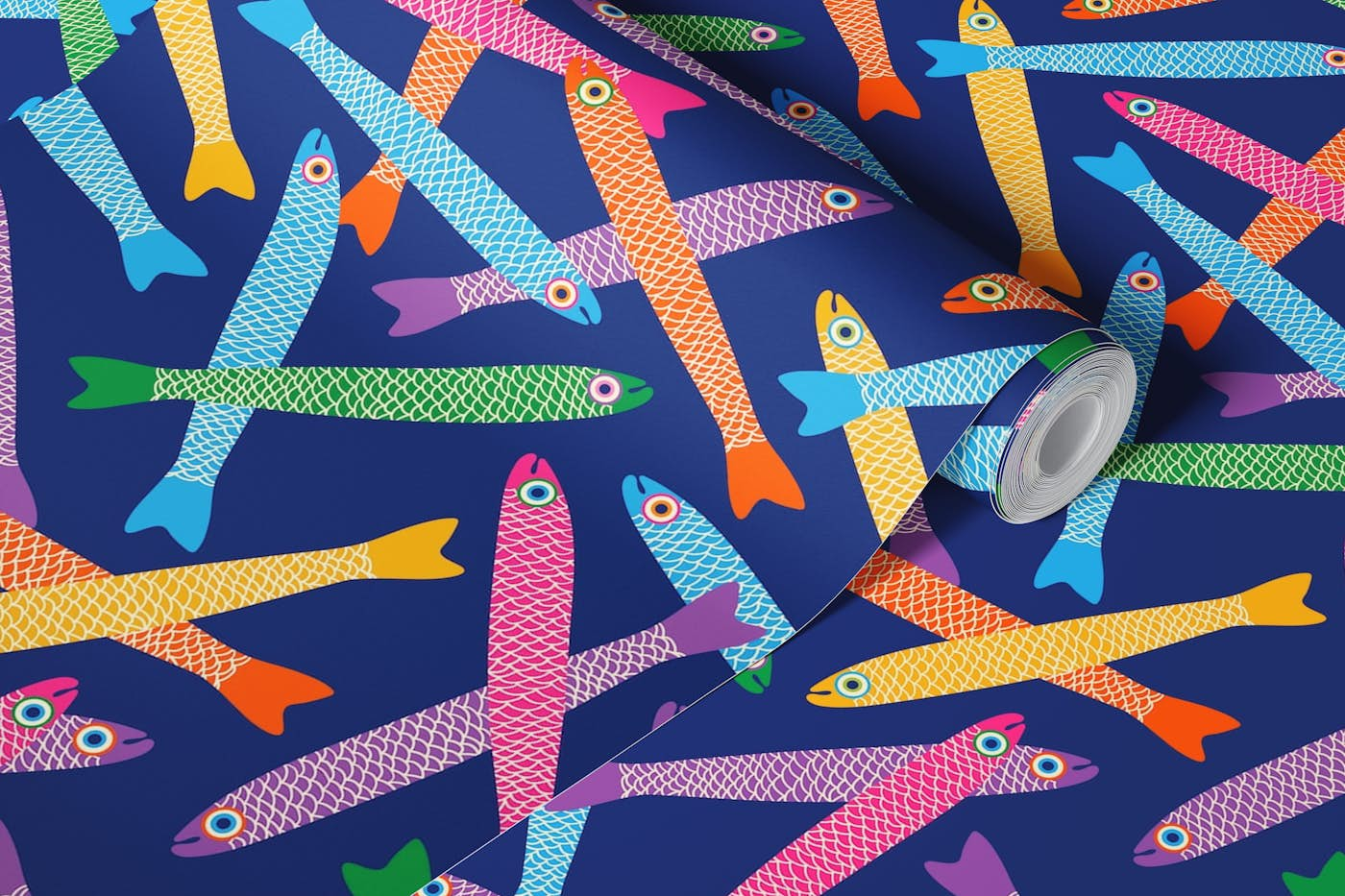 ANCHOVIES Bright Fish Tossed - Royal Blue wallpaper roll