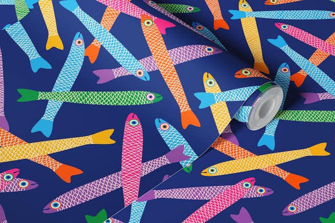 ANCHOVIES Bright Fish Tossed - Royal Bluewallpaper roll