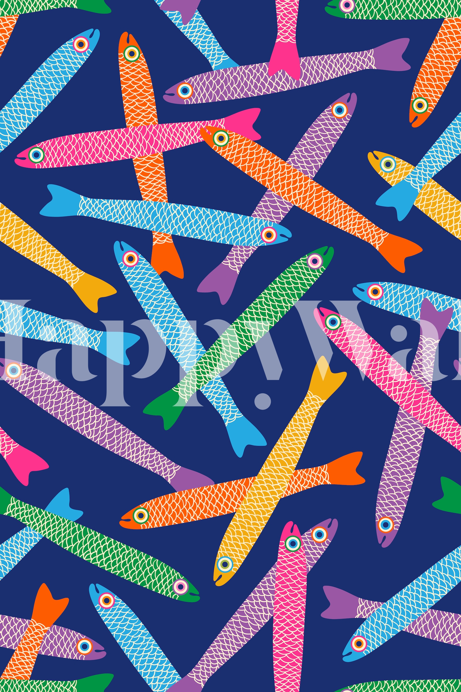Colorful Fish Pattern Wallpaper in Royal Blue
