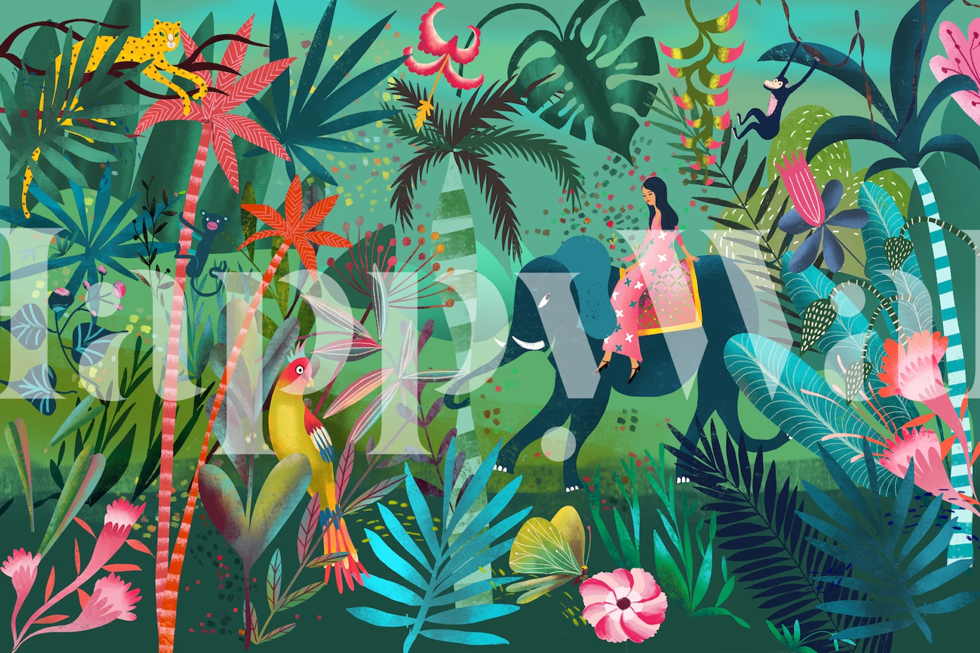 Kolorowa fototapeta z przejażdżką po dżungli na słoniach z tropikalnymi roślinami i dziką przyrodą