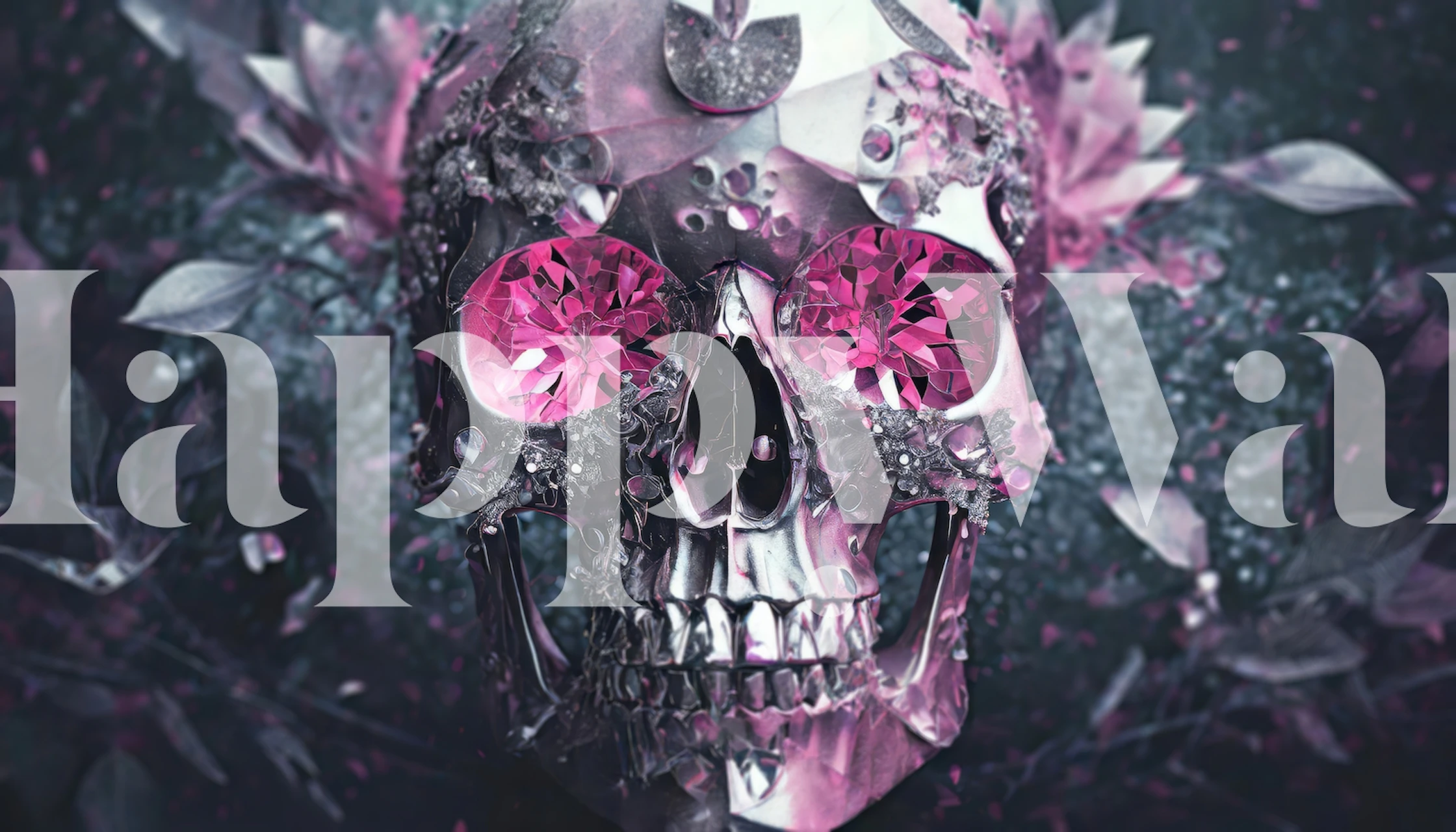 Pink skull design with gem-like eyes and floral elements in dark background wallpaper