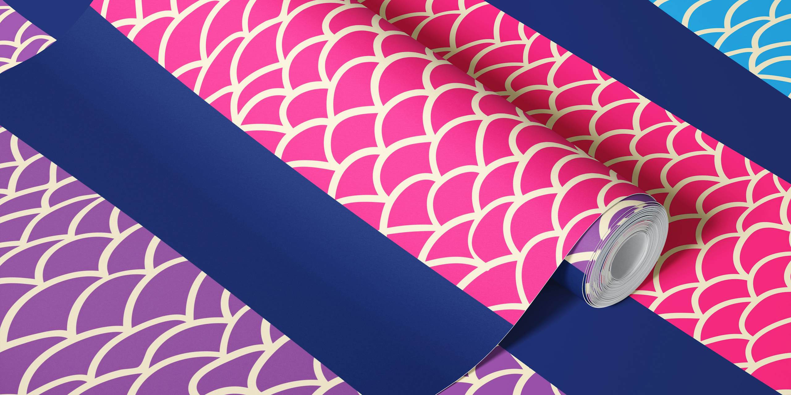 Colorful anchovies pattern wall mural on royal blue background