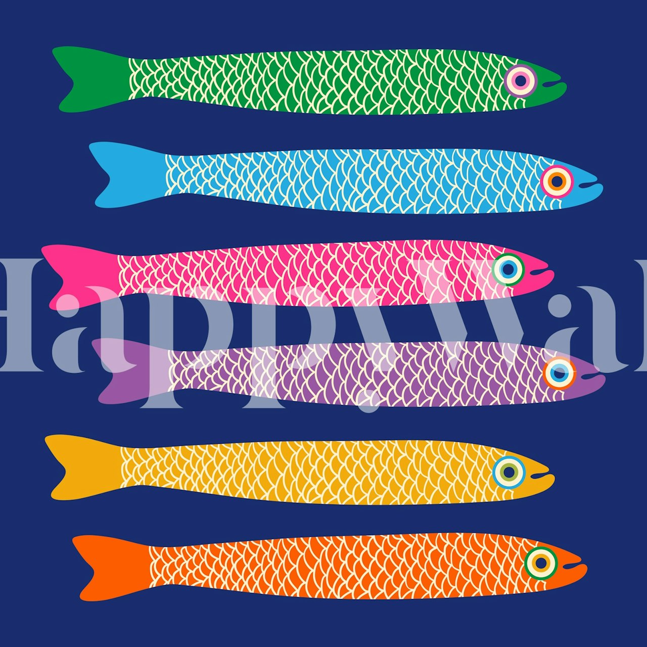 Colorful anchovies pattern wall mural on royal blue background