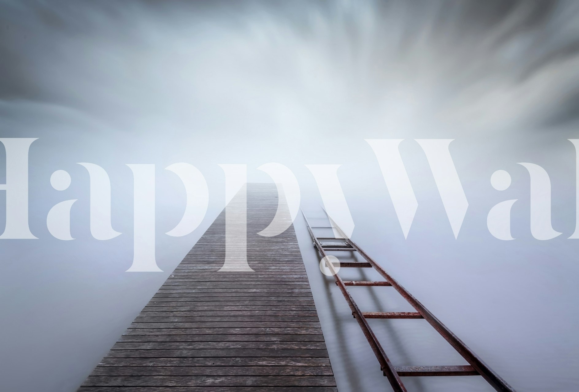 Wooden pier leading into fog with iron railings wallpaper