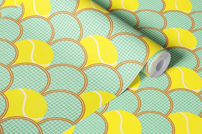 tennis rackets and balls - mint - smallwallpaper roll